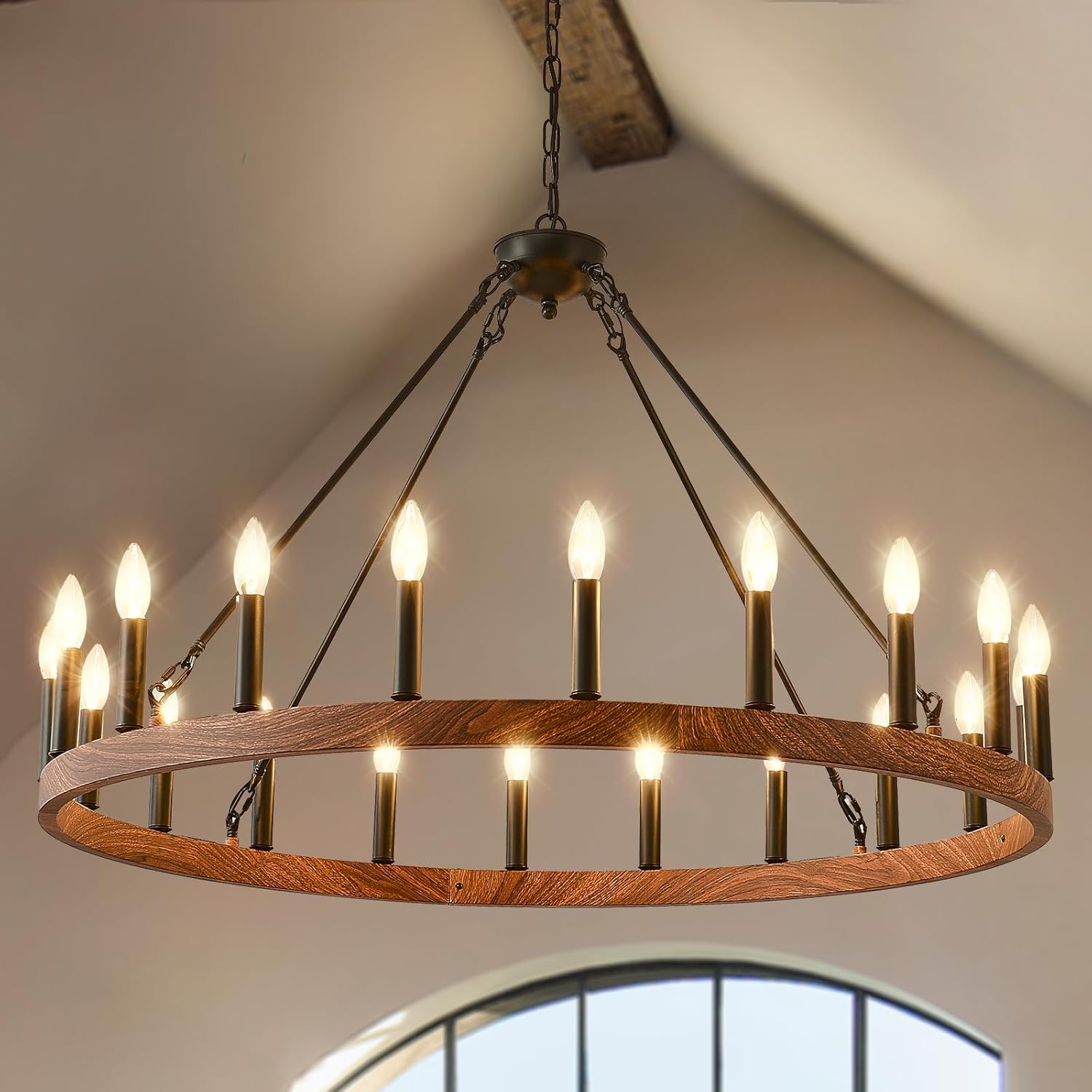 Round Farmhouse Black Chandelier — 12-Light — Wood-Grain