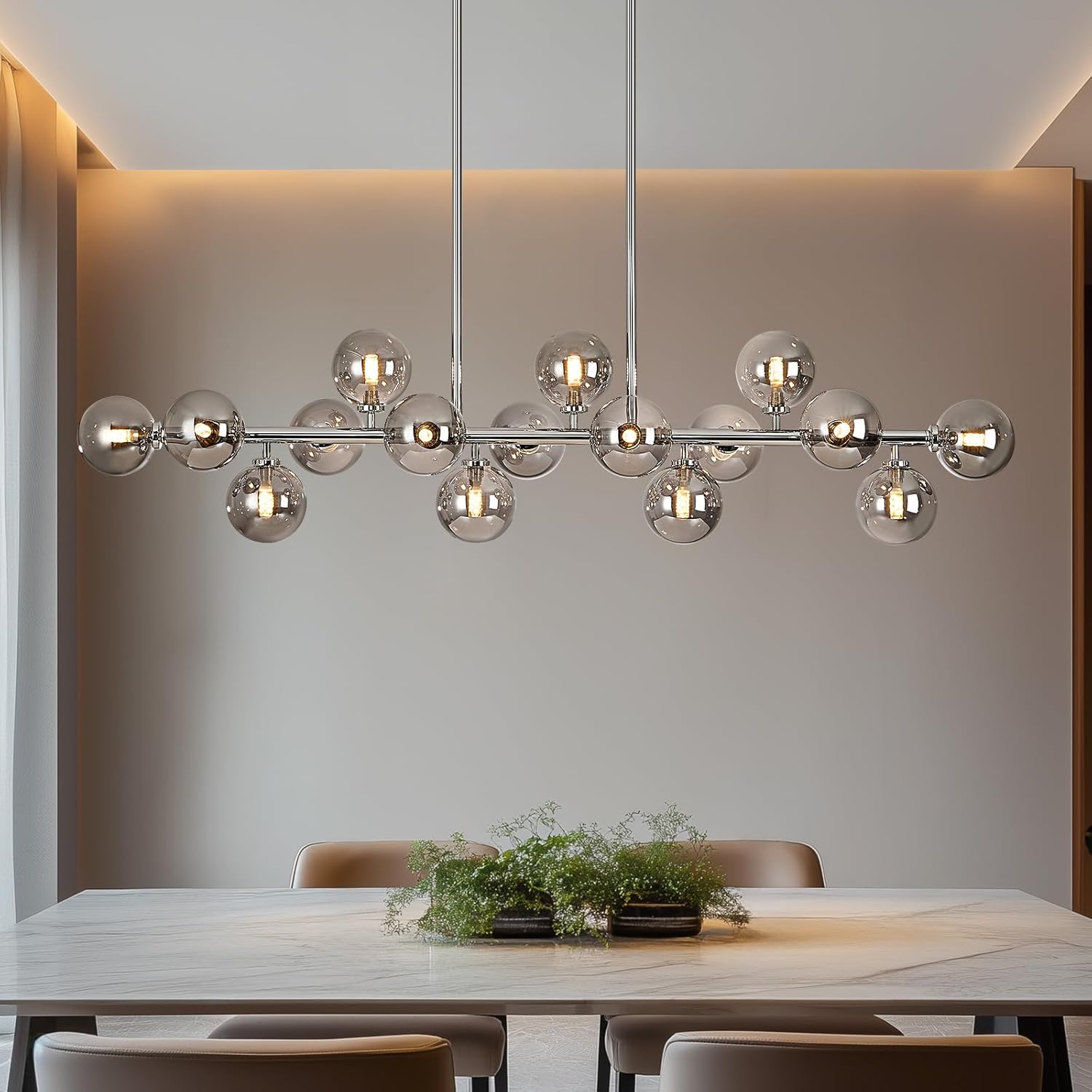 Mid-Century Black Chandelier — 16-Light — Chrome Silver (with Somke Grey Lampshade)