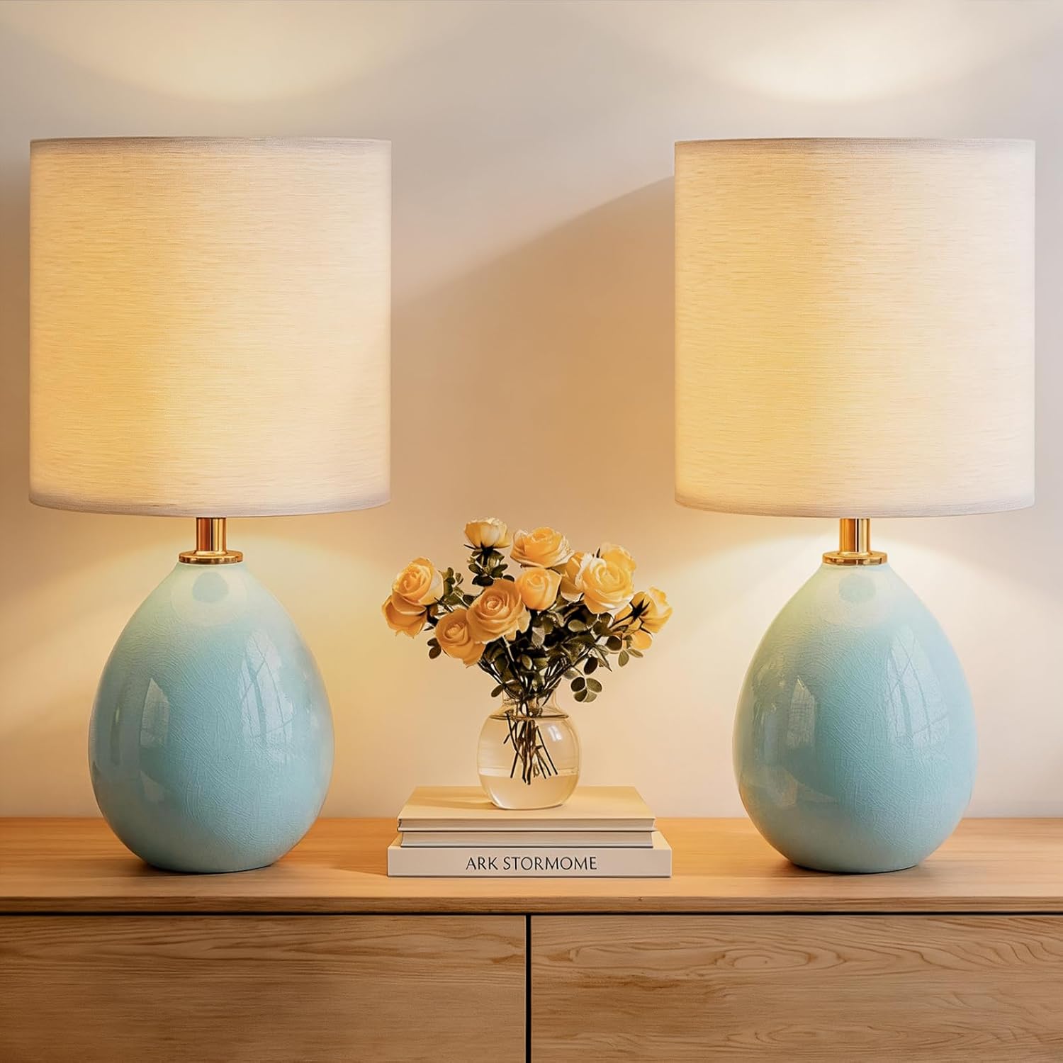 Mid-Century Beige Bedside Lamp — Blue