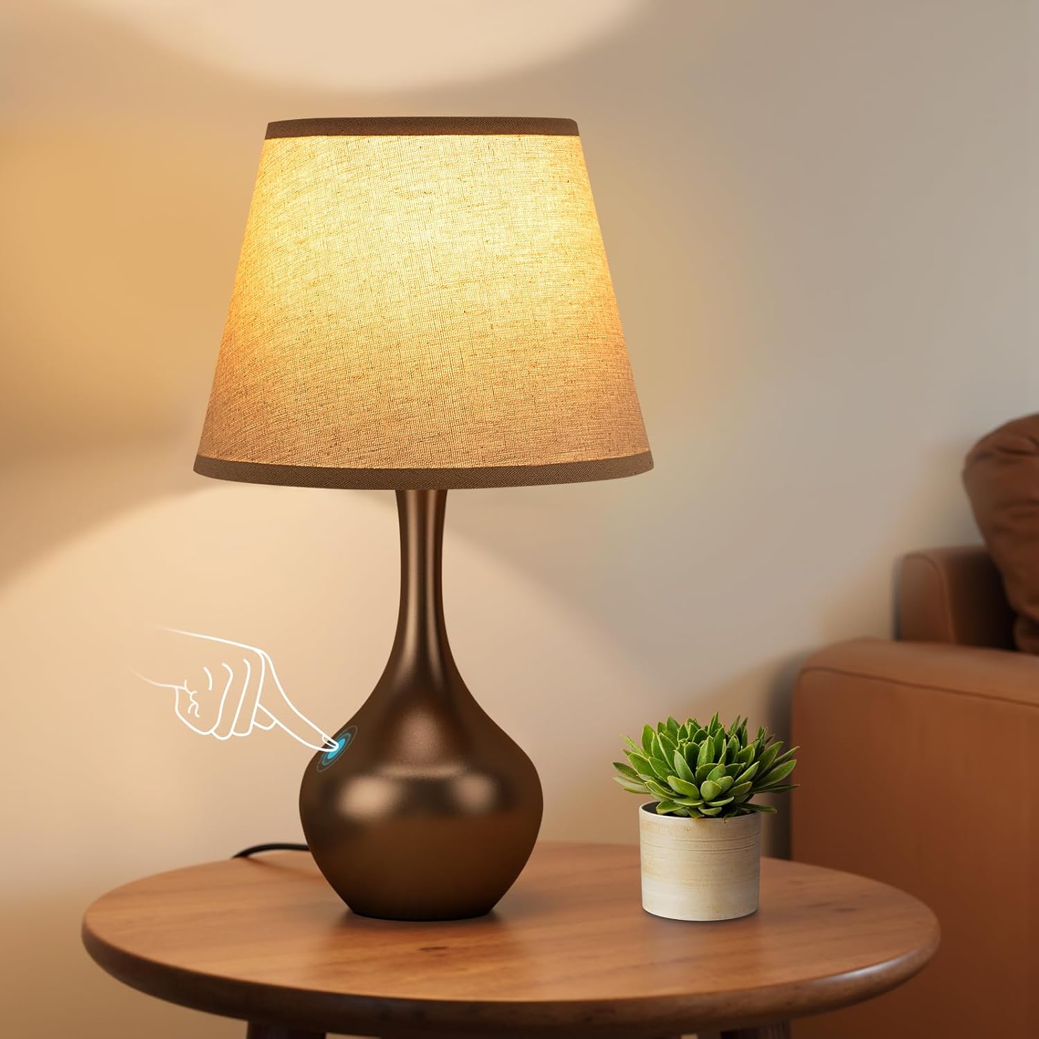 Dimmable Beige Bedside Lamp — 16.1" — C. Oat Shade & Brown Base