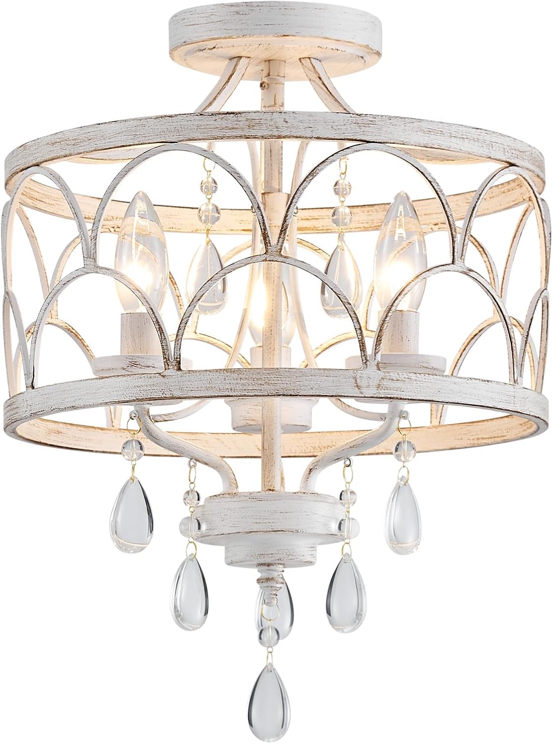 Round Farmhouse Gold Chandelier — 3-Light — Antique White, 3 Light