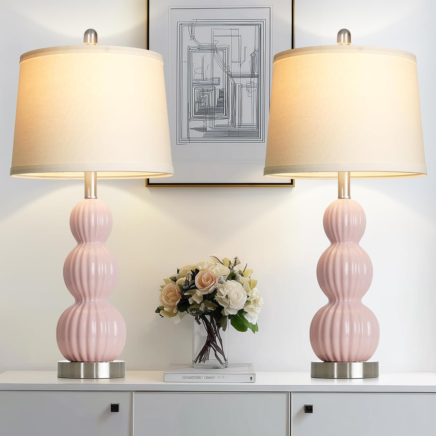 Modern Beige Bedside Lamp — 24" — Pink - 28"H