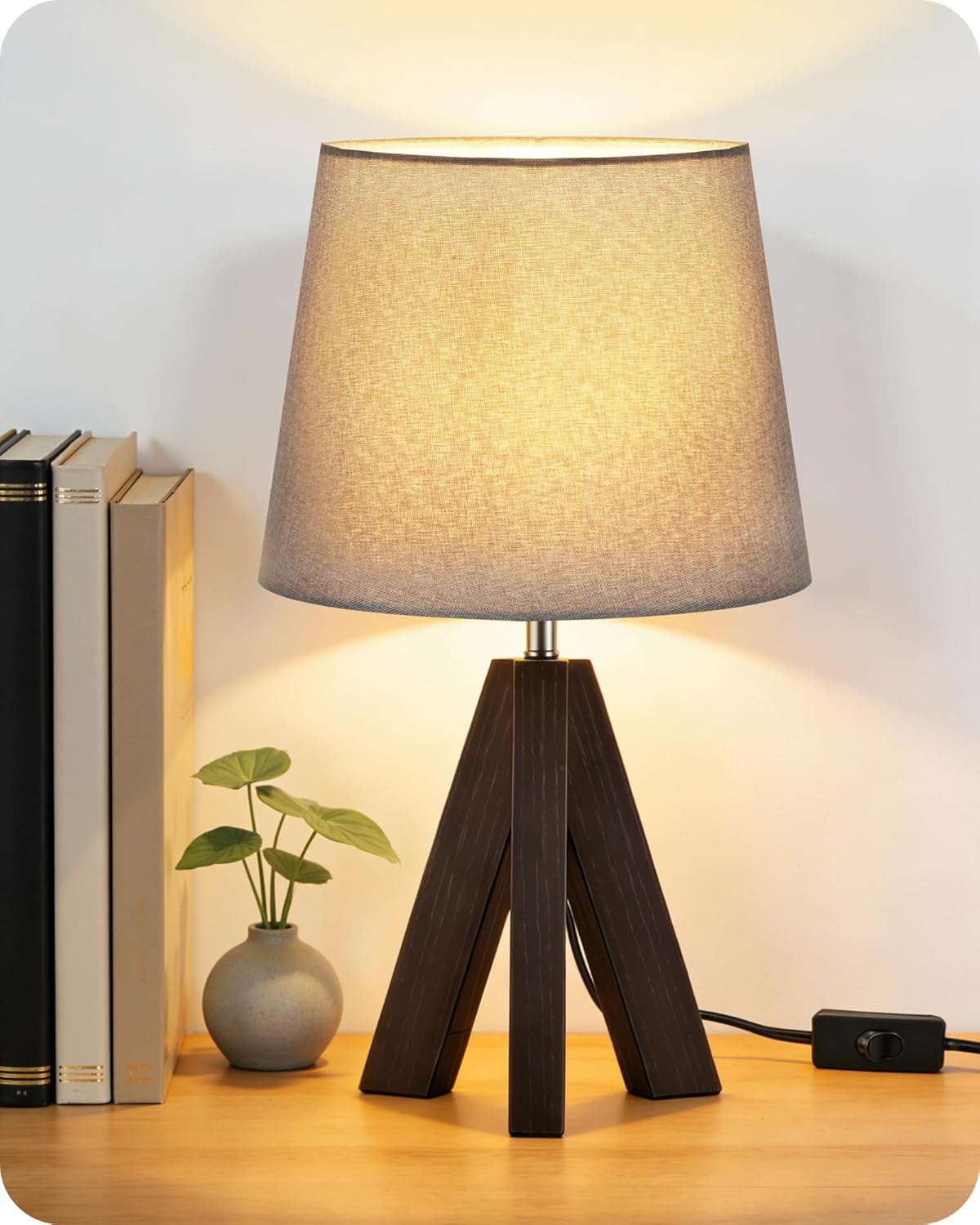 Linen Modern Beige Bedside Lamp — 6" — Gray+Dark Walnut