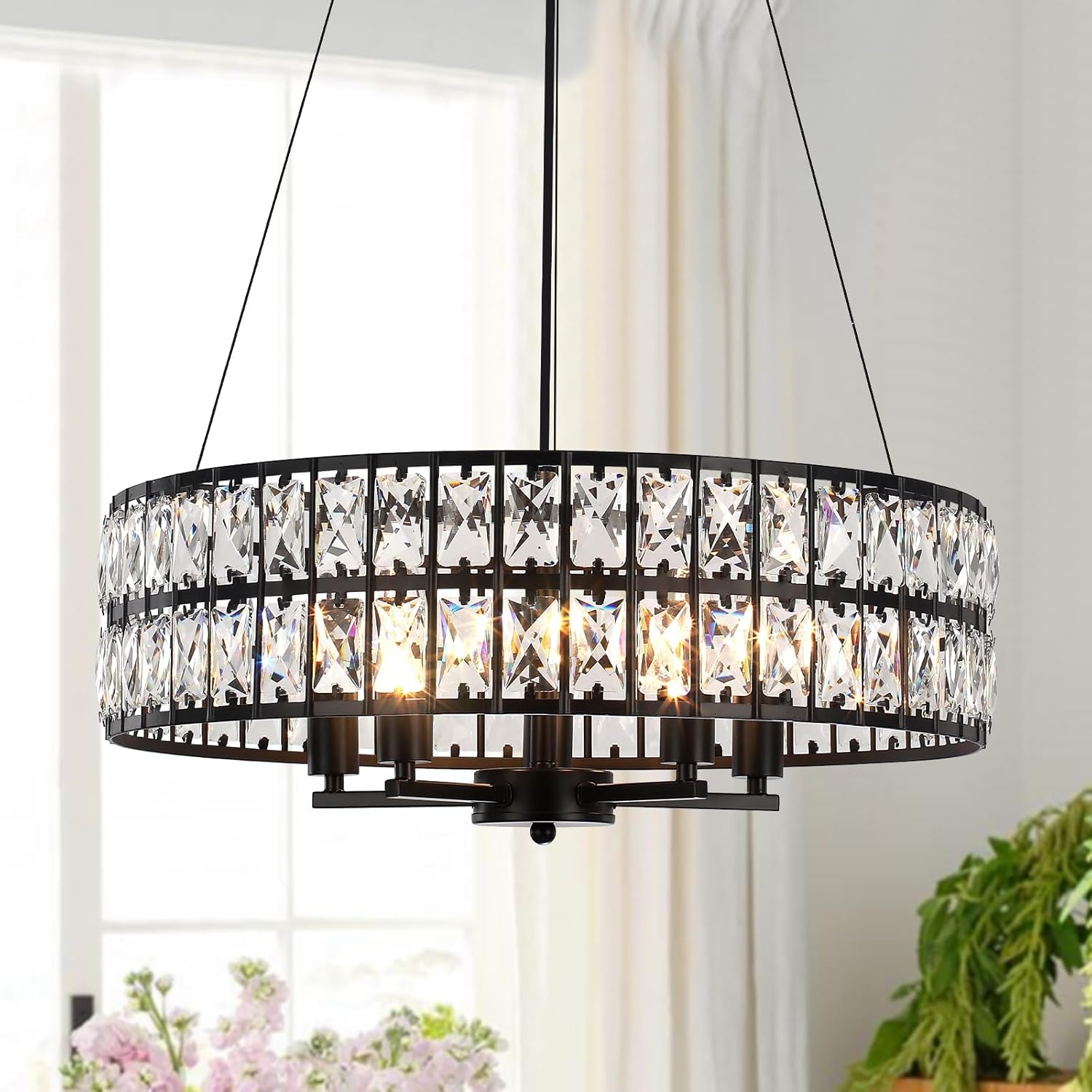 Round Farmhouse Black Chandelier — 6-Light — Black Crystal Chandelier