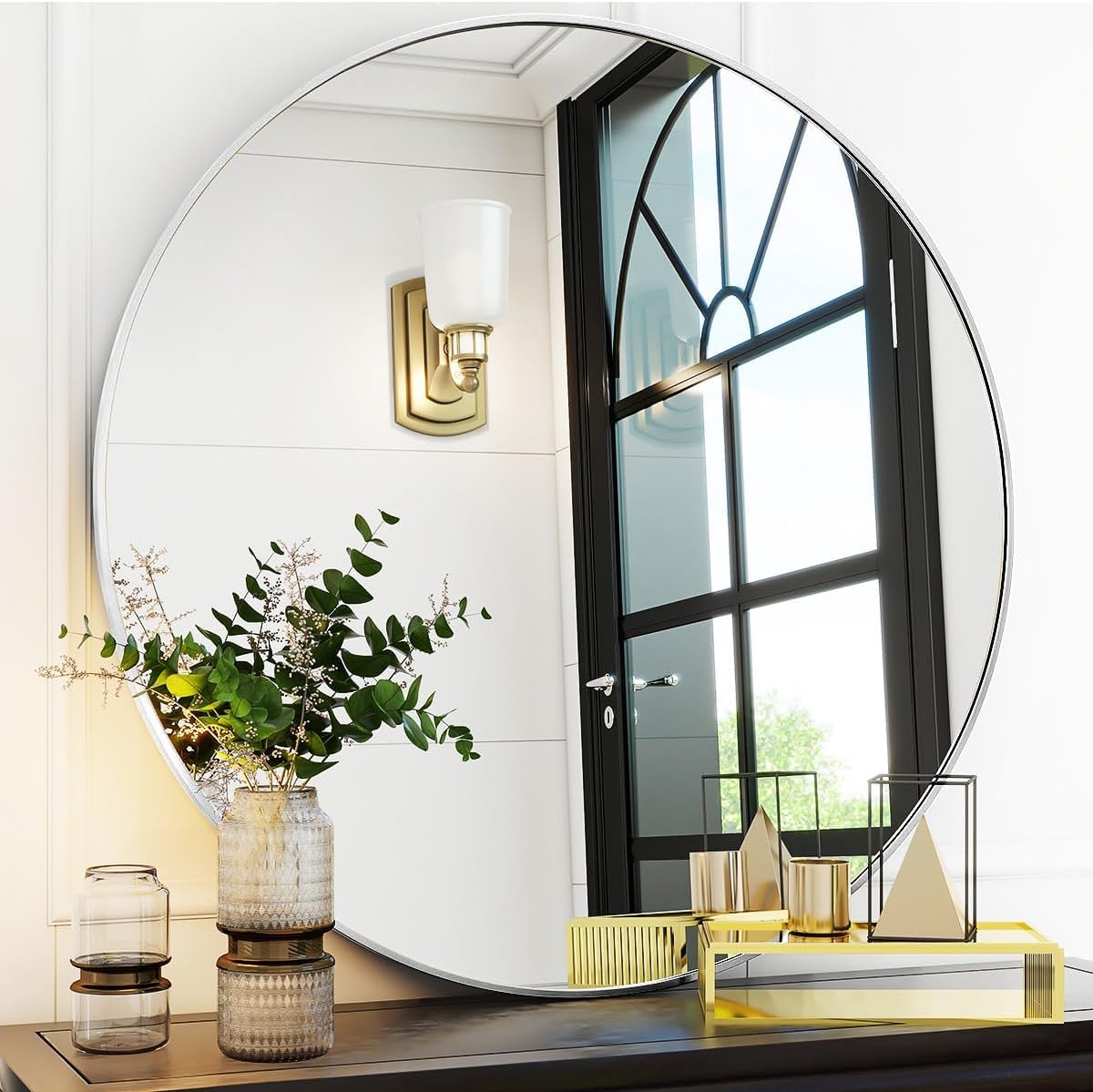 Round Modern Black Mirror — 48" — Silver