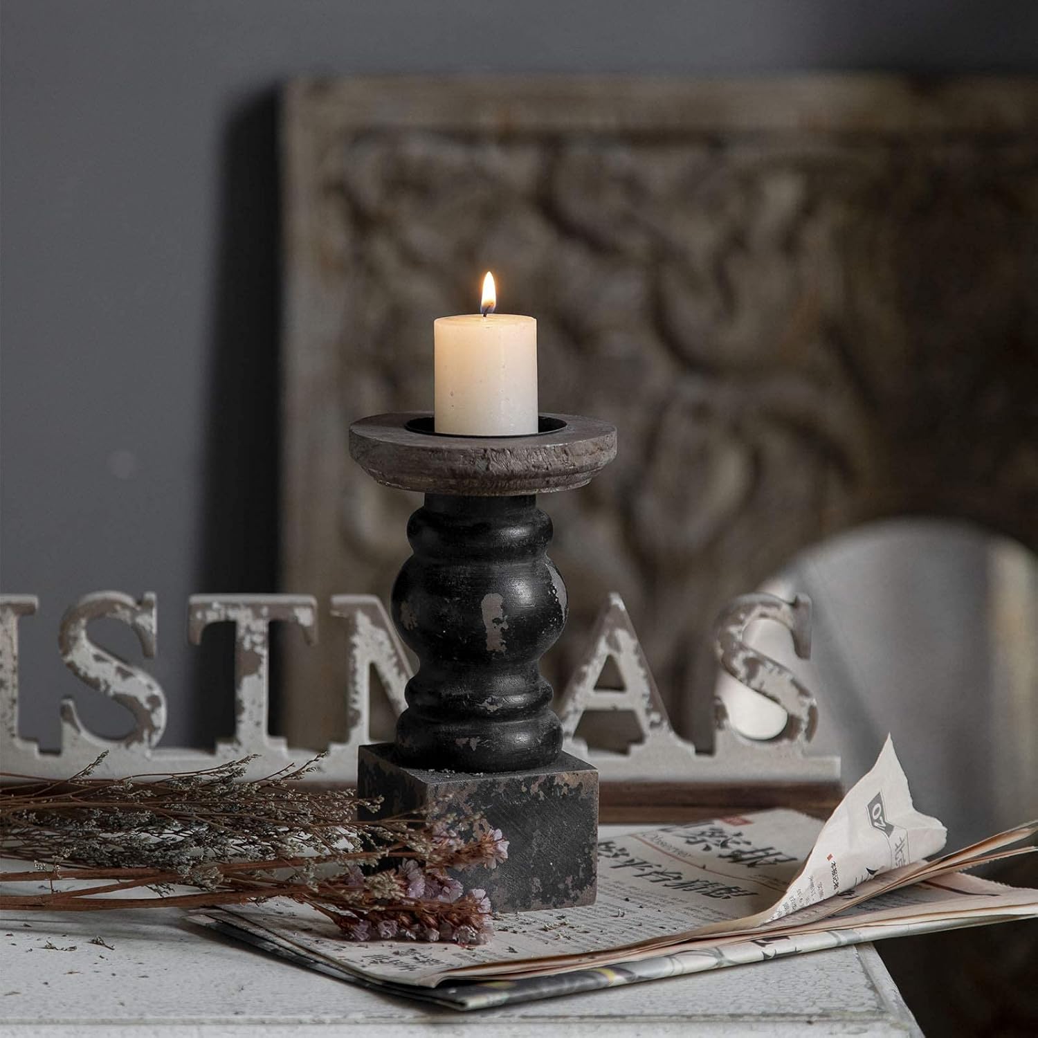 Farmhouse Wood Pillar Candle — 3.9" - View 3
