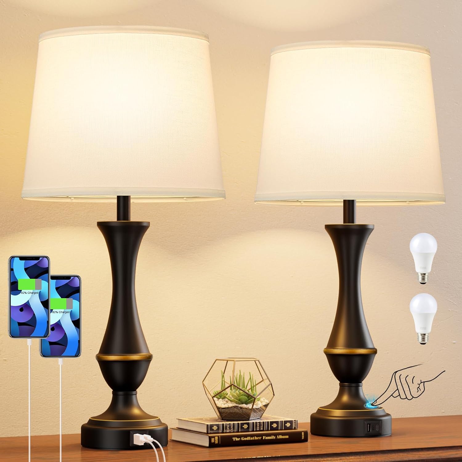 Dimmable Beige Bedside Lamp — Set of 2 — B. White Shade & Black Base