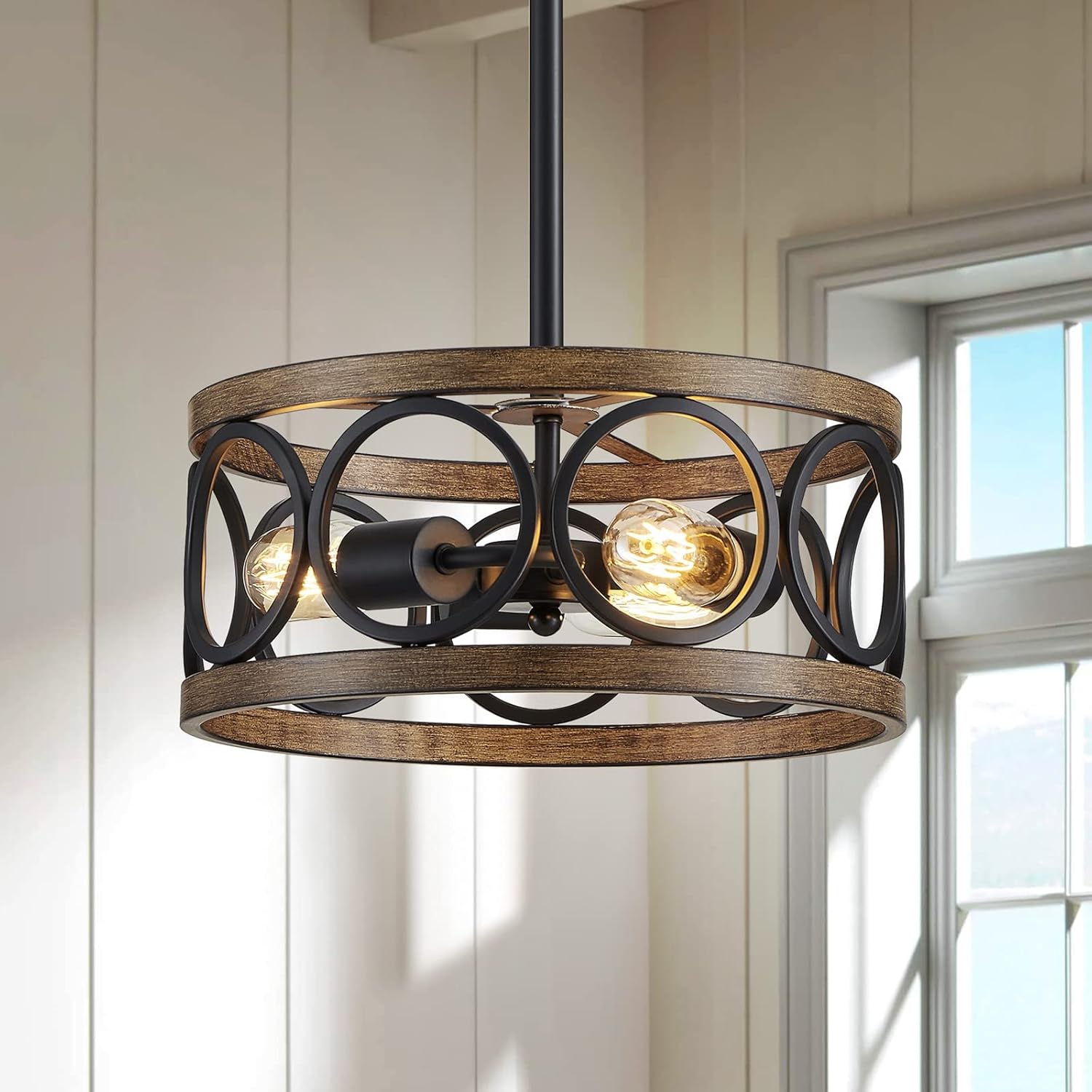 Adjustable Farmhouse Black Chandelier — 3-Light — Black Drum Pendant-3 Light