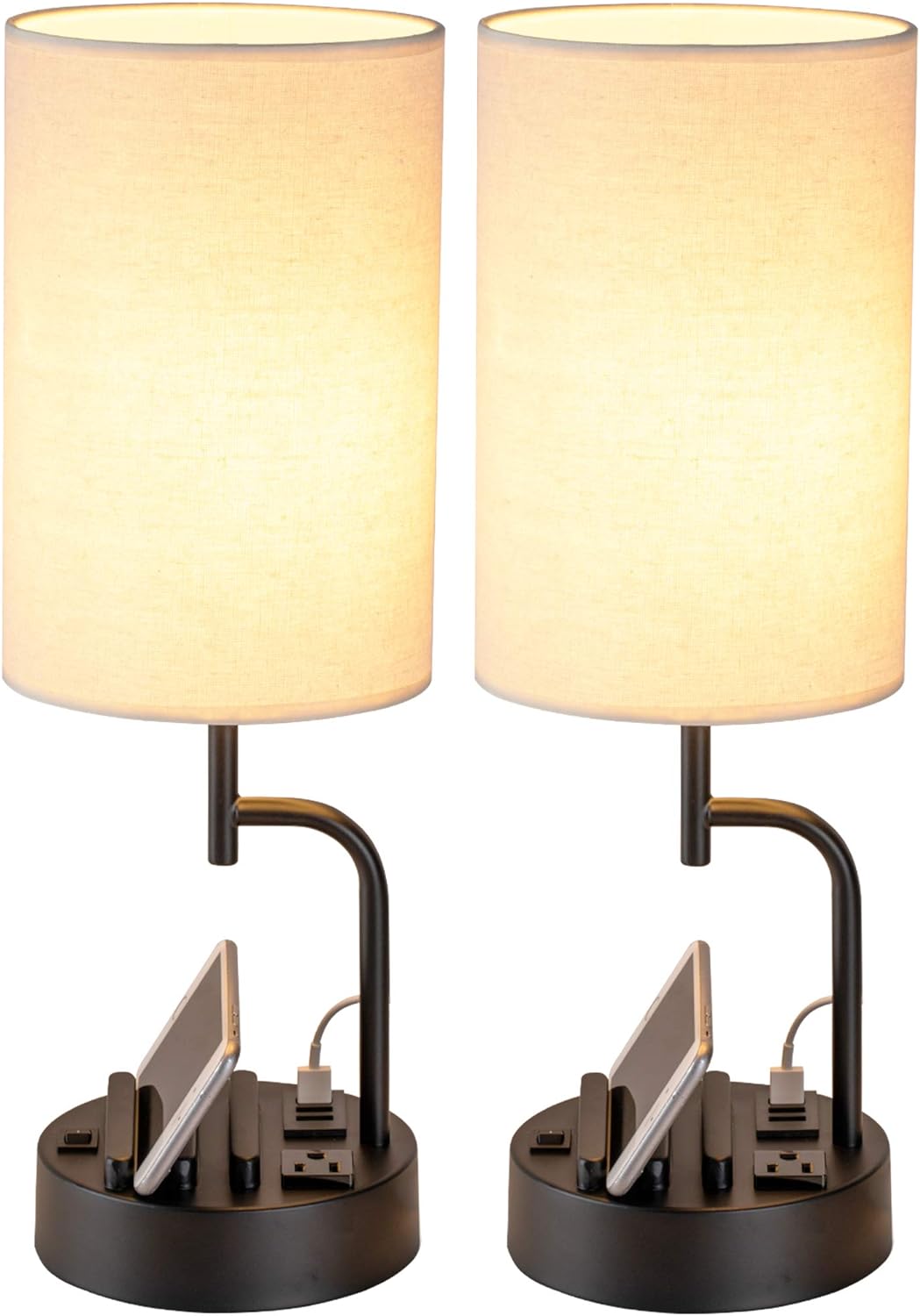 USB Charging Modern Beige Bedside Lamp — Set of 2 — Linen Shade