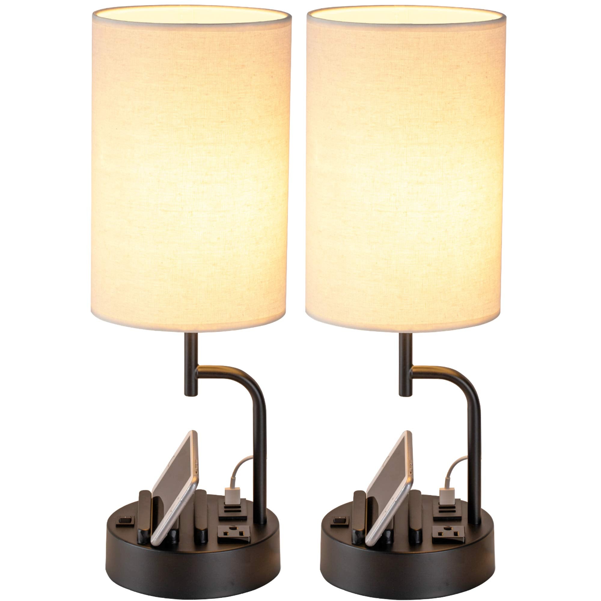 USB Charging Modern Beige Bedside Lamp — Set of 2
