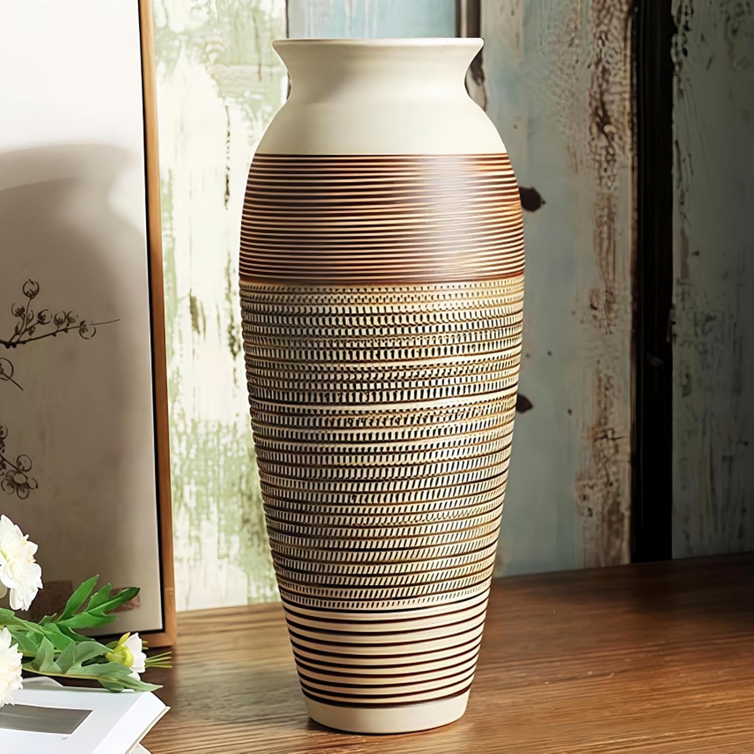 Vintage Boho Ceramic Flower Vase — 12.6" — E