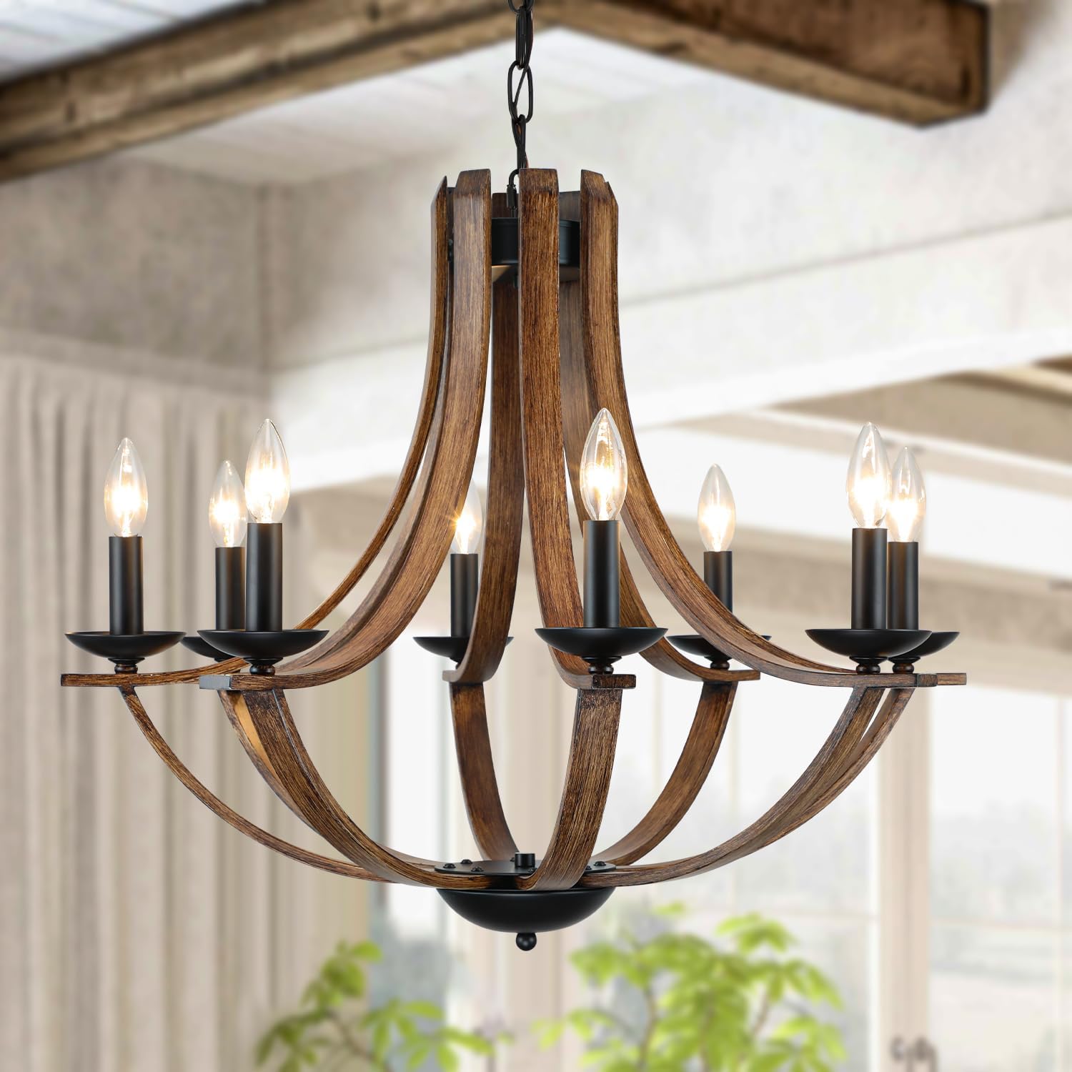 Vintage Farmhouse Black Chandelier — 4-Light — Black+Faux Walnut-D8