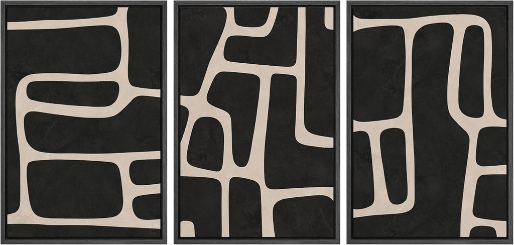 Framed Modern Fabric Wall Art — 16" — 24" x 36" x 3 Panels BLACK