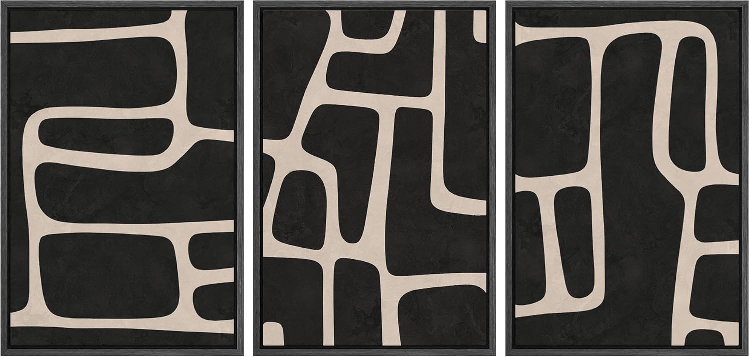 Framed Modern Fabric Wall Art — 16" — 24" x 36" x 3 Panels BLACK