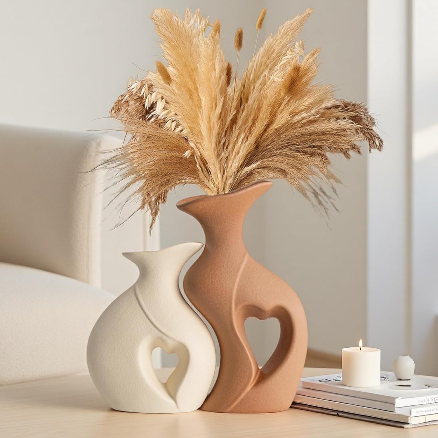 Boho Beige Flower Vase — Set of 2 — Beige and Brown