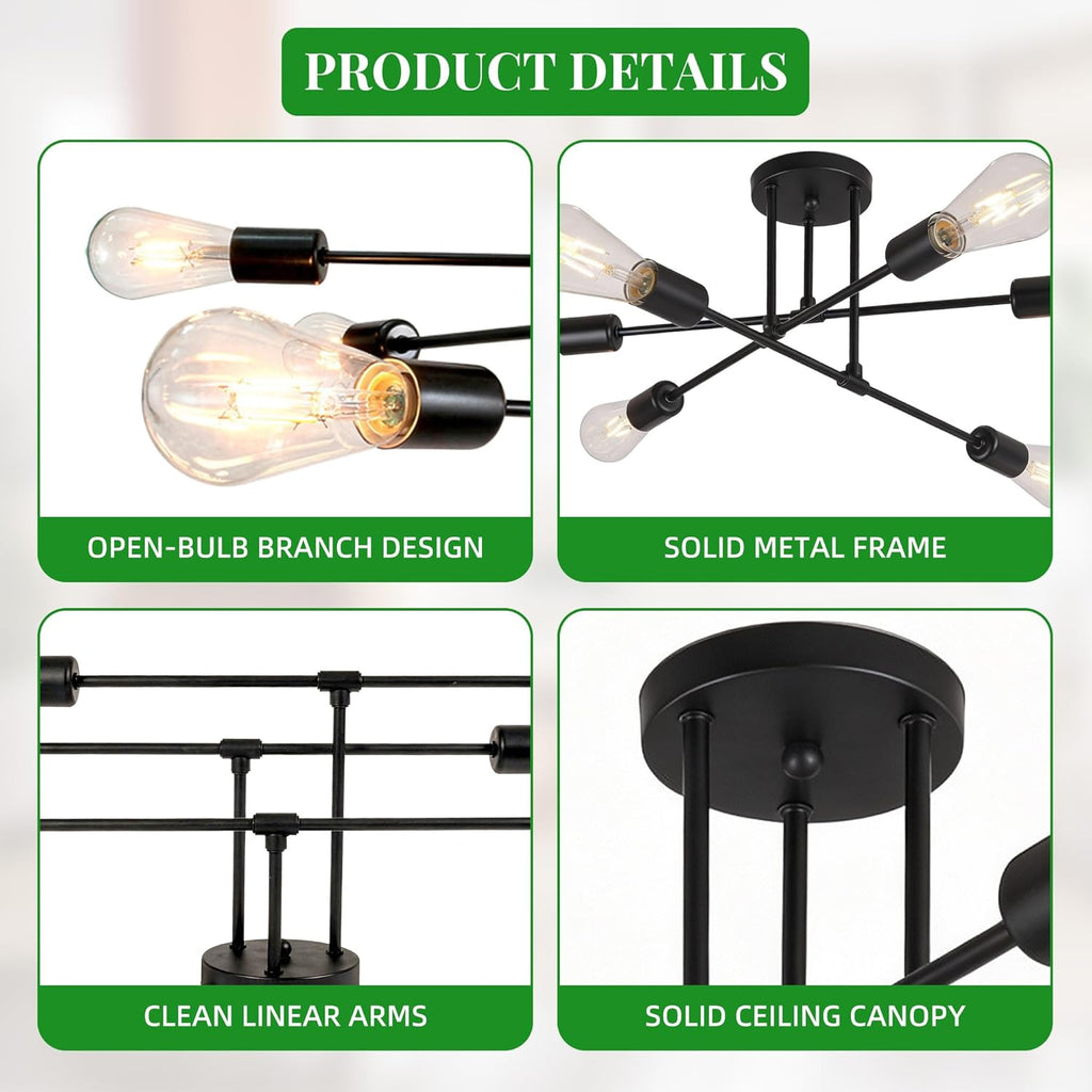 Mid-Century Black Chandelier — 6-Light - View 3