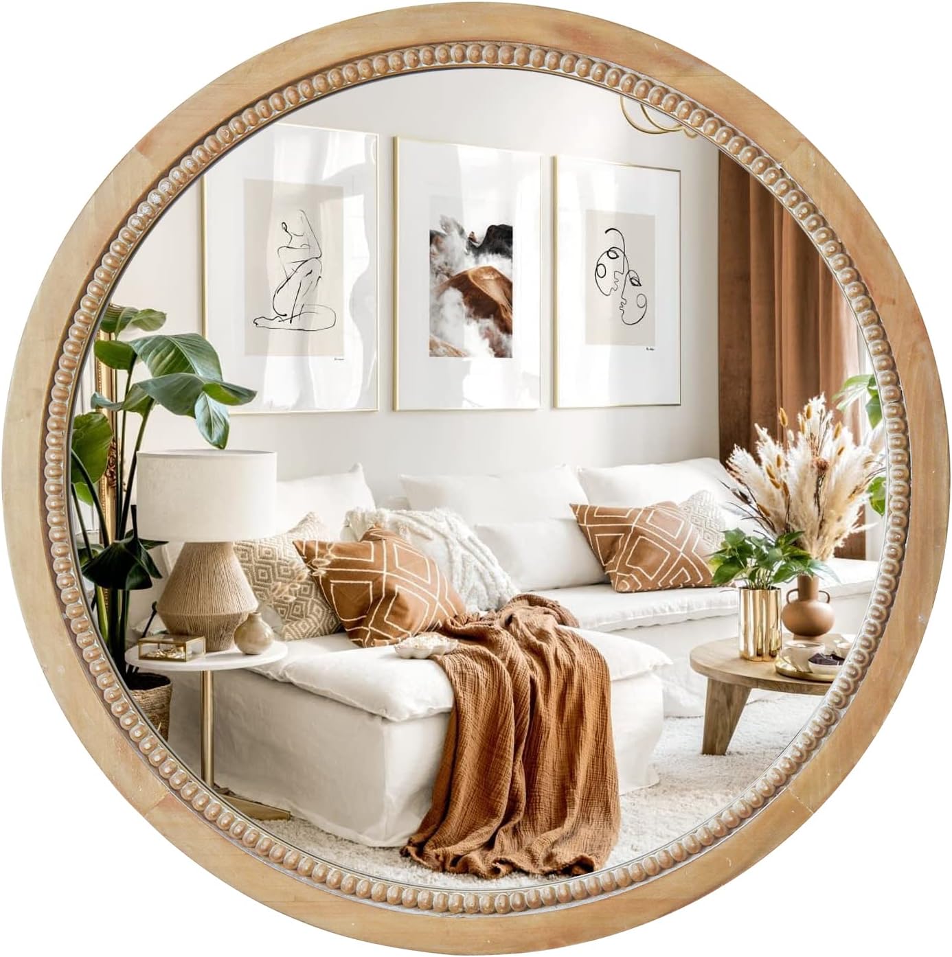 Round Boho Brown Wall Mirror — 24" — 28"L x 28"W