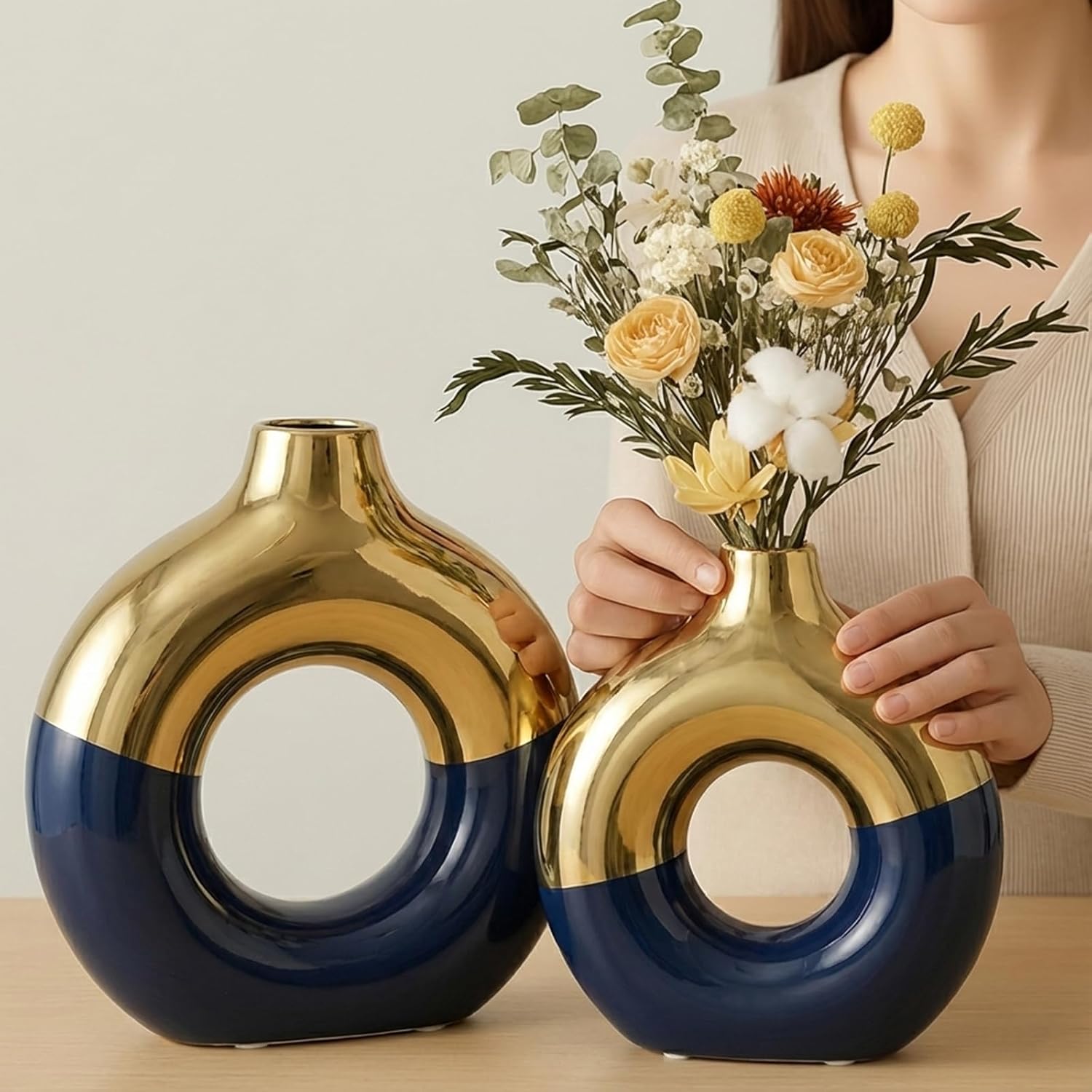 Modern Blue Vase Set — Set of 2 — Blue and Gold