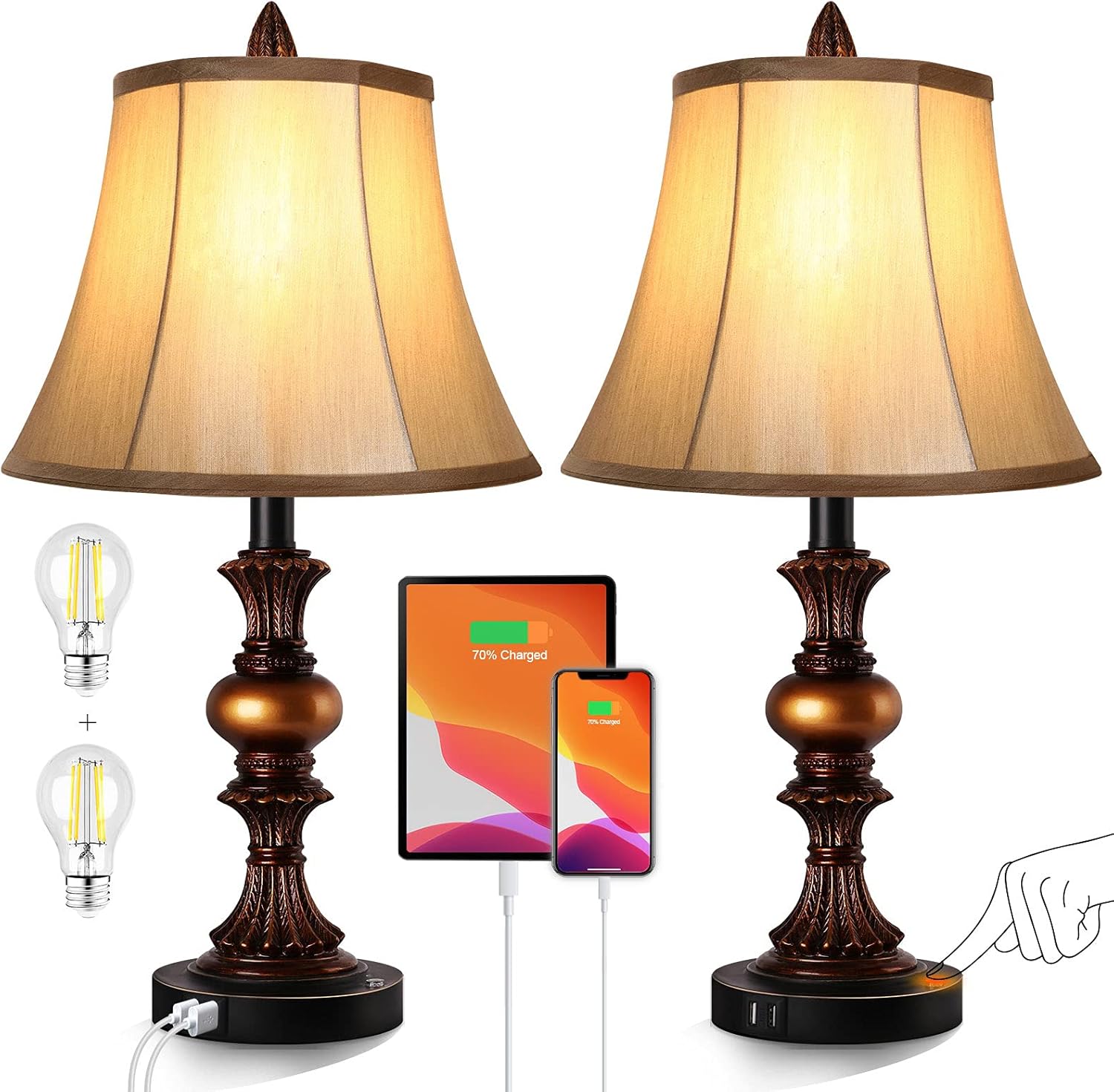 Dimmable Gold Bedside Lamp — Set of 2 — Bronze (Warm White Bulbs)