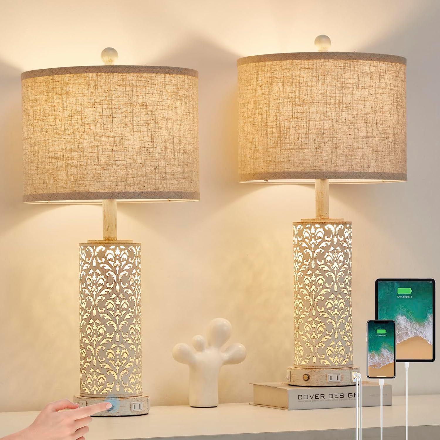 Dimmable Farmhouse Black Bedside Lamp — 26" — White-2 Pack
