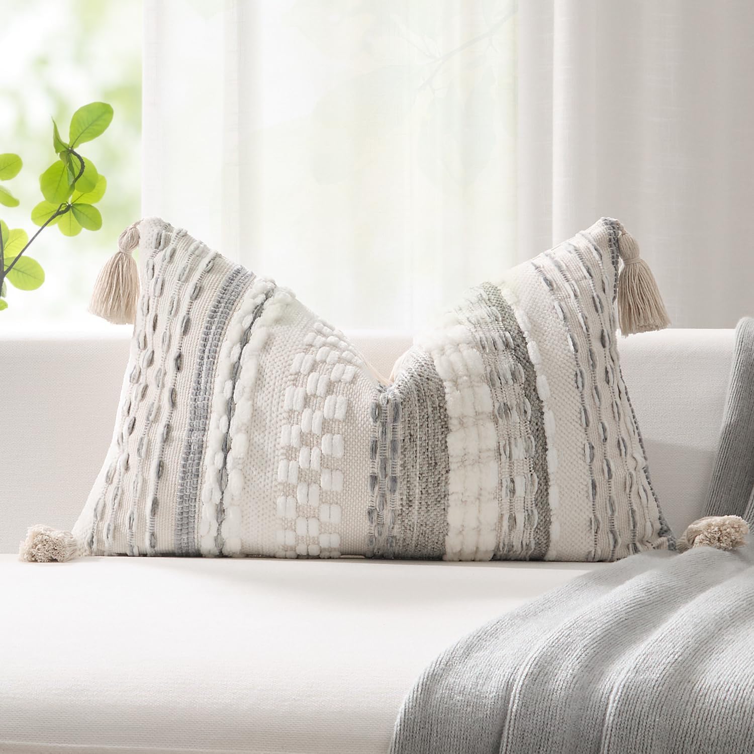 Tufted Boho Beige Throw Pillow Cover — 20" — 20" x 12" (Pack of 1)
