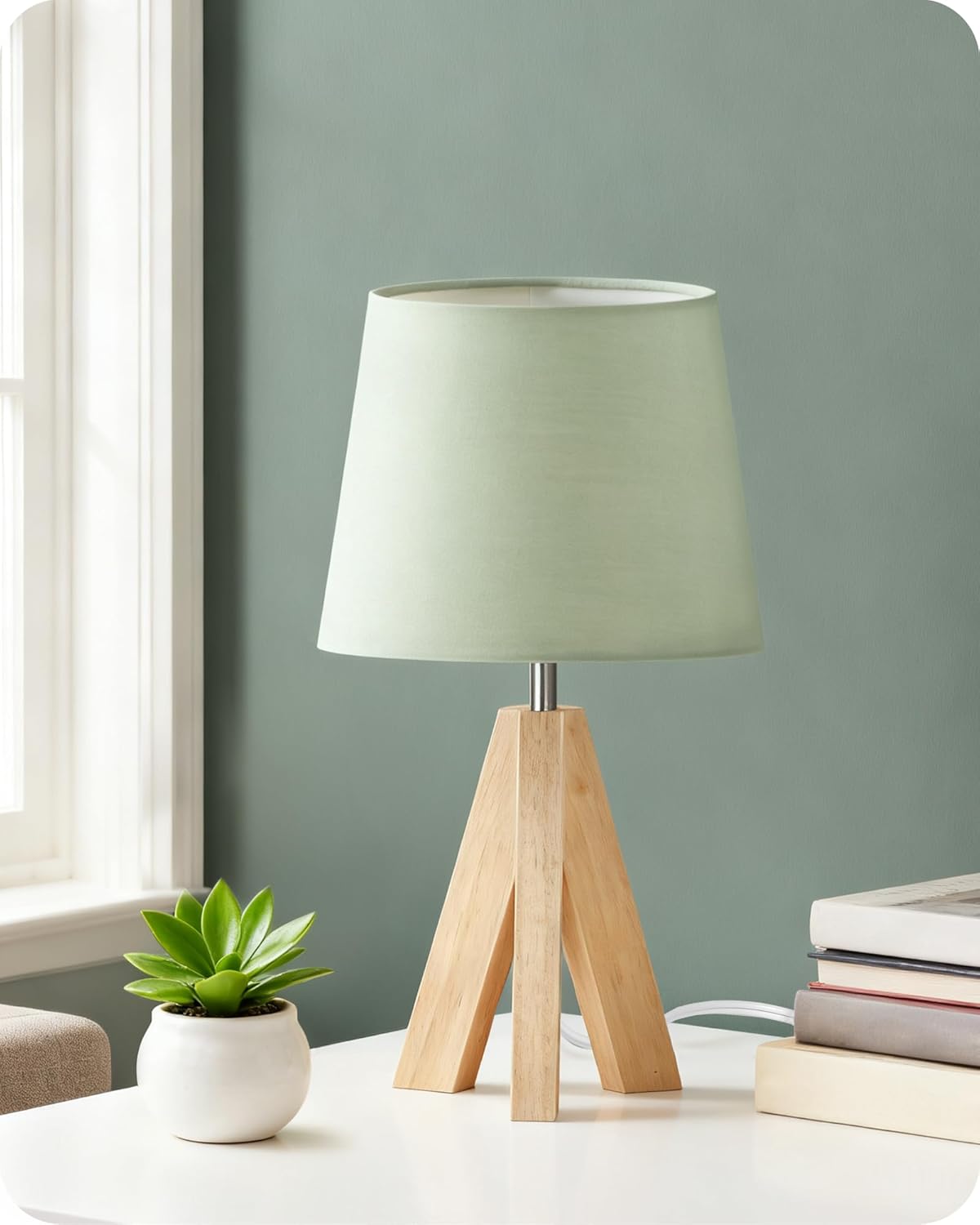 Linen Modern Beige Bedside Lamp — 6" — Green+Natural Wood