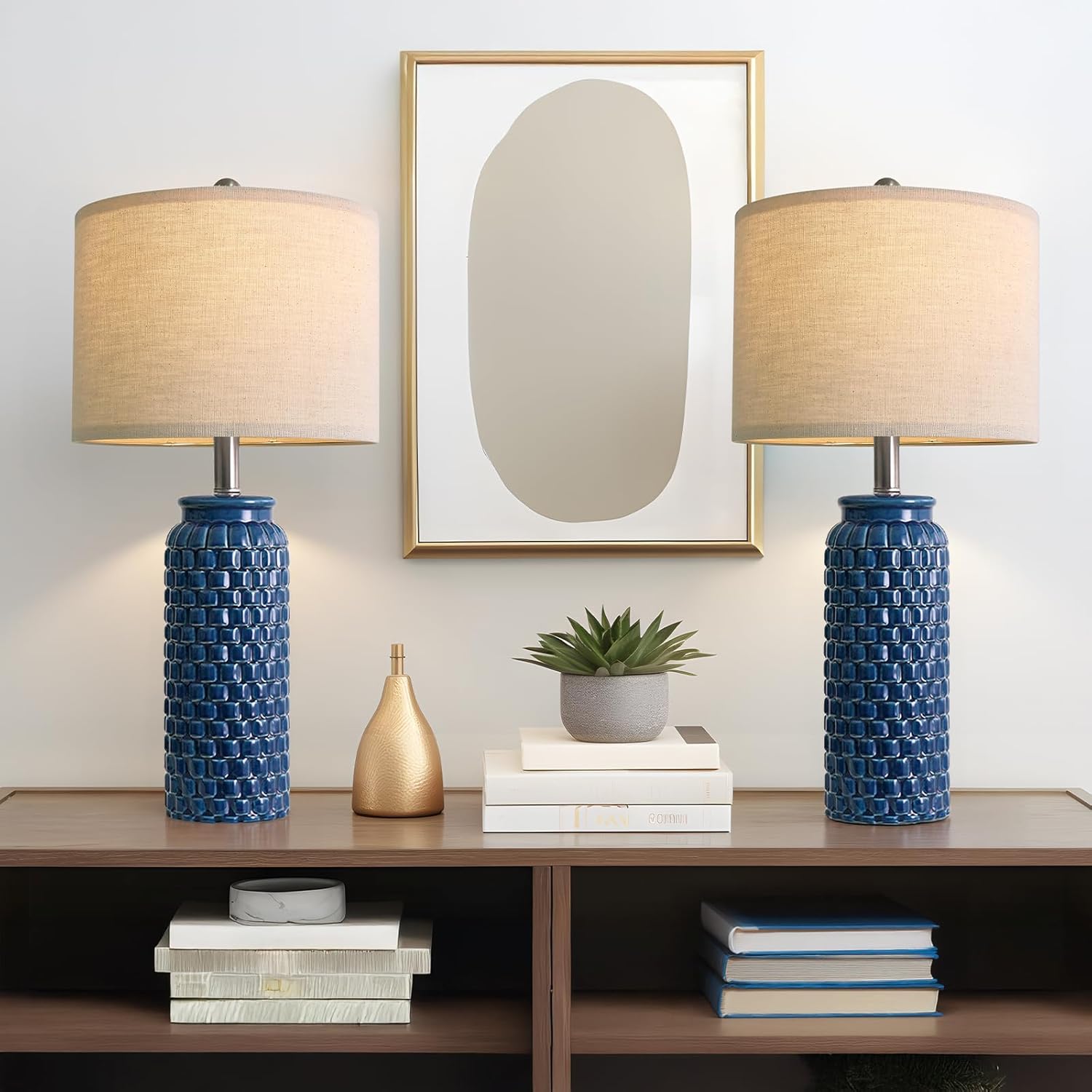 Farmhouse Beige Bedside Lamp — 20.5" — 24" Blue-2 Pack