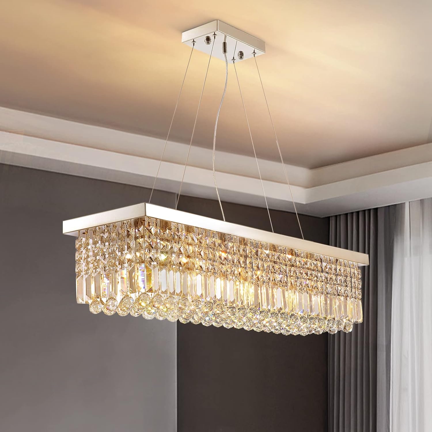 Rectangular Luxe Silver Chandelier — 6-Light — Chrome-hanging