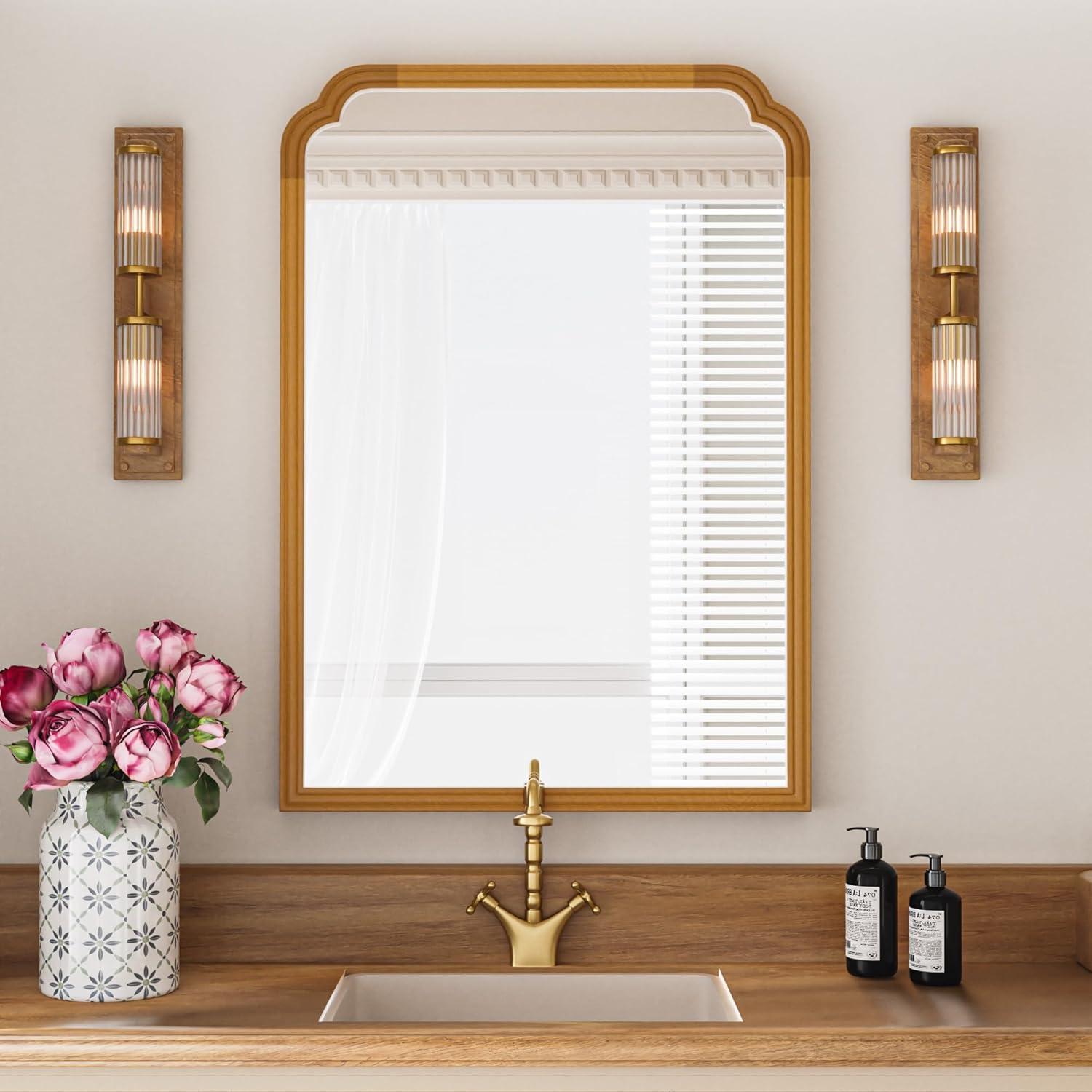 Framed Luxe Beige Vanity Mirror — 30" — Natural Beech Wood