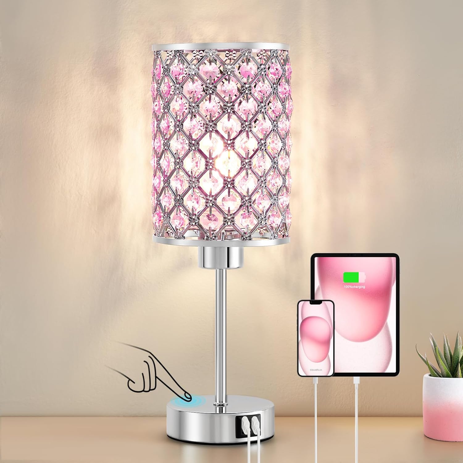 Dimmable Luxe Black Bedside Lamp — 14.75" — Pink