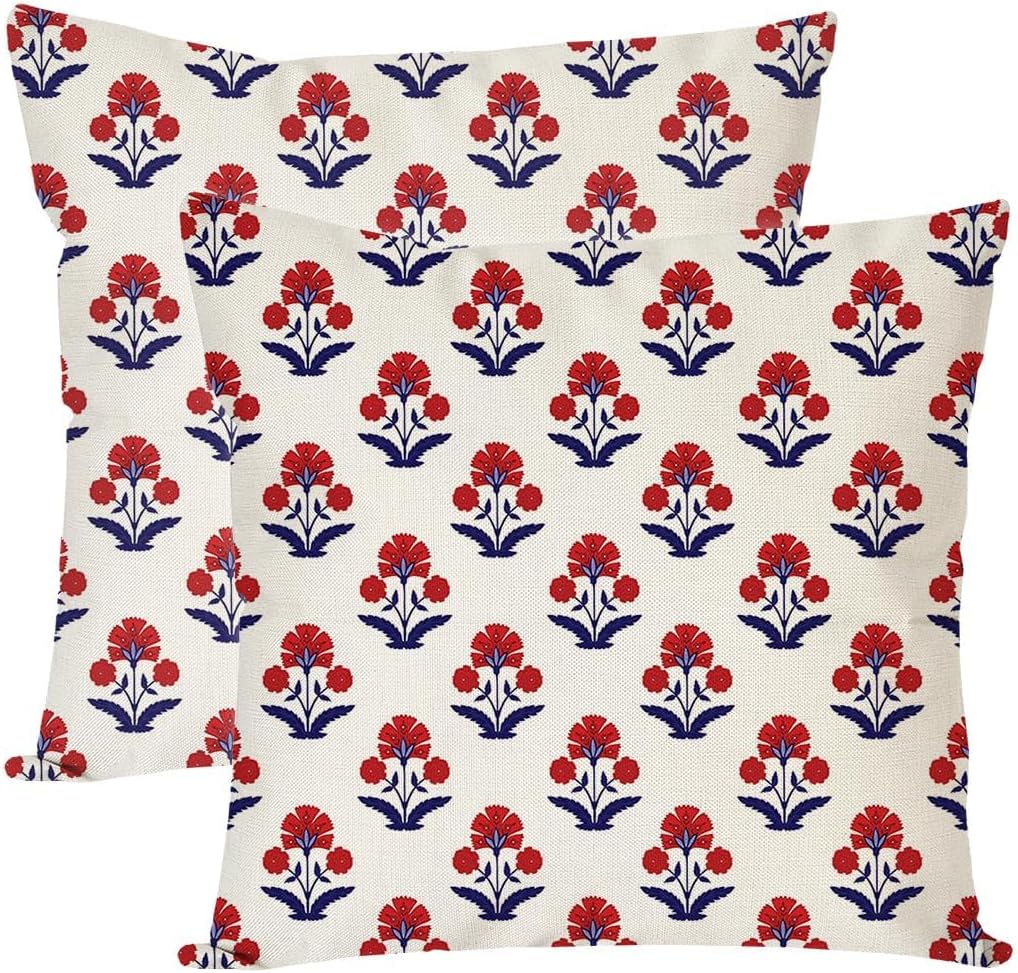 Vintage Boho Blue Throw Pillow Cover — 18" — Red