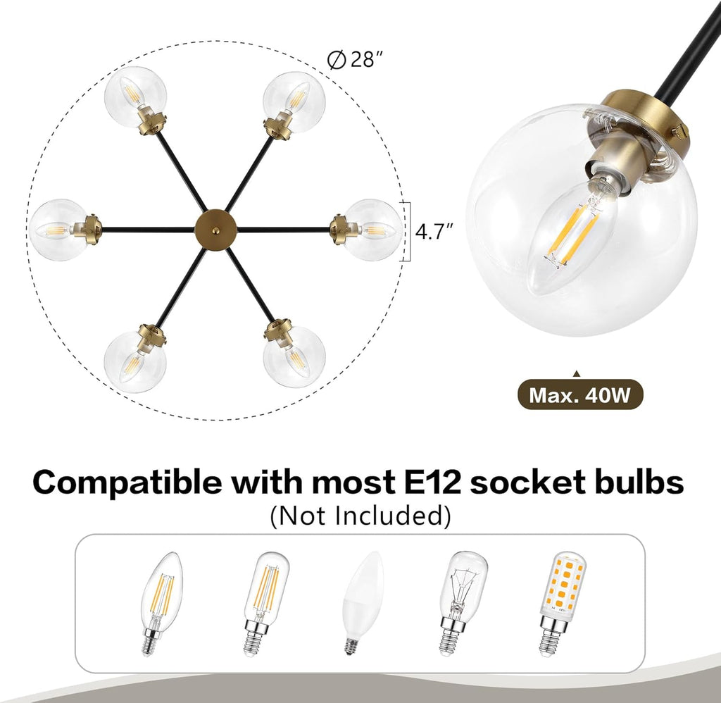 Adjustable Modern Black Chandelier — 6-Light - View 4