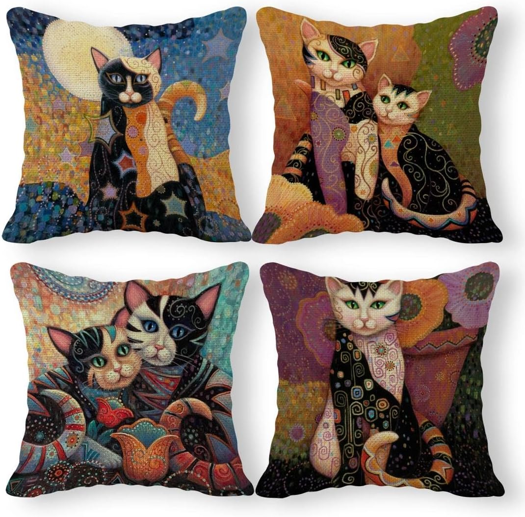 Boho Fabric Throw Pillow Cover — 18" — Colorful Cat Decor