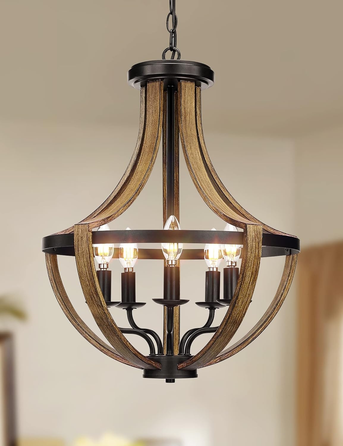 Adjustable Farmhouse Wood Chandelier — 5-Light — 17.7"/5-Light