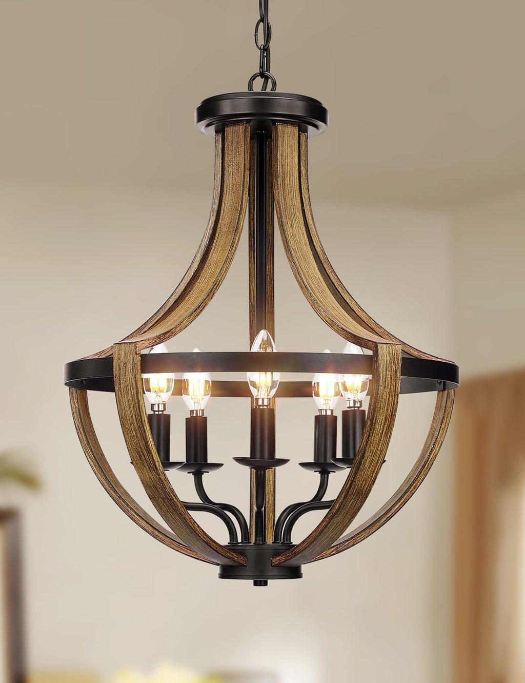 Adjustable Farmhouse Wood Chandelier — 5-Light