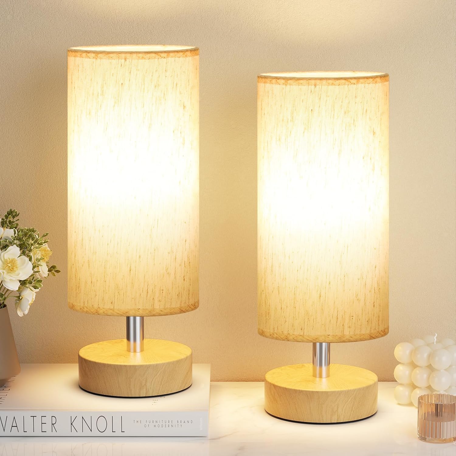 Modern Beige Bedside Lamp — 11.6" — Cream Shade-Wood Base 2pcs
