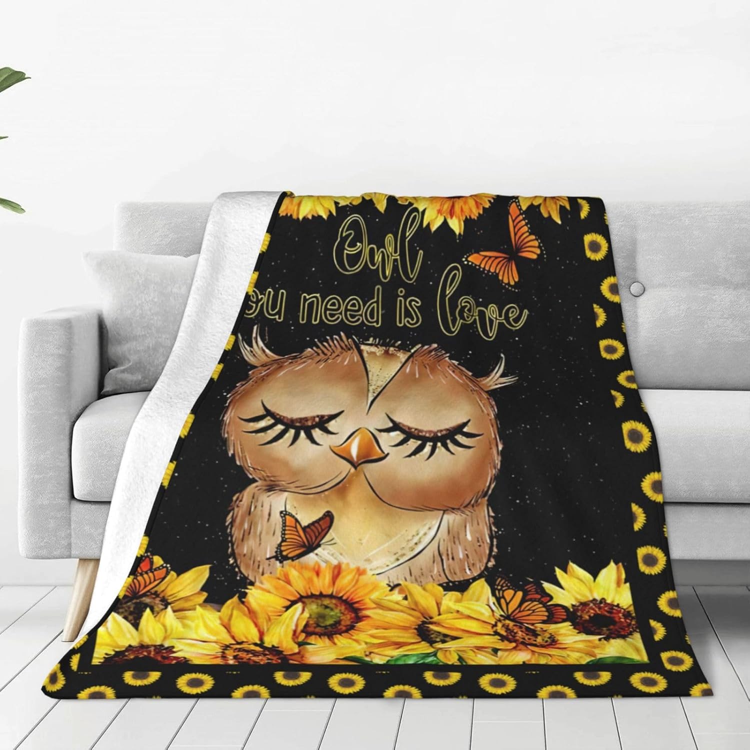 Black Throw Pillow — 50" — Owl Sunflower