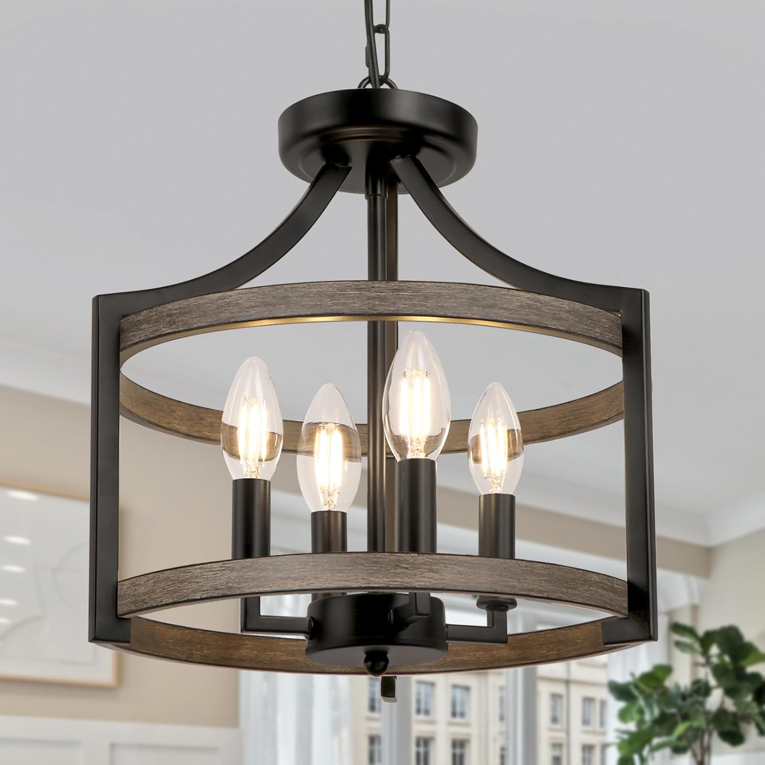Convertible Farmhouse Black Chandelier — 6-Light — Black+Faux Wood Grain