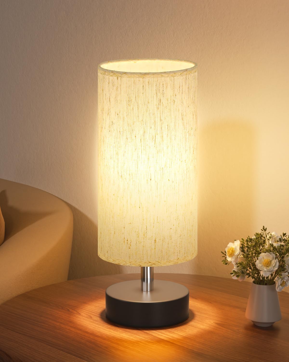 Modern Beige Bedside Lamp — 11.6" — Cream Shade-Black Base