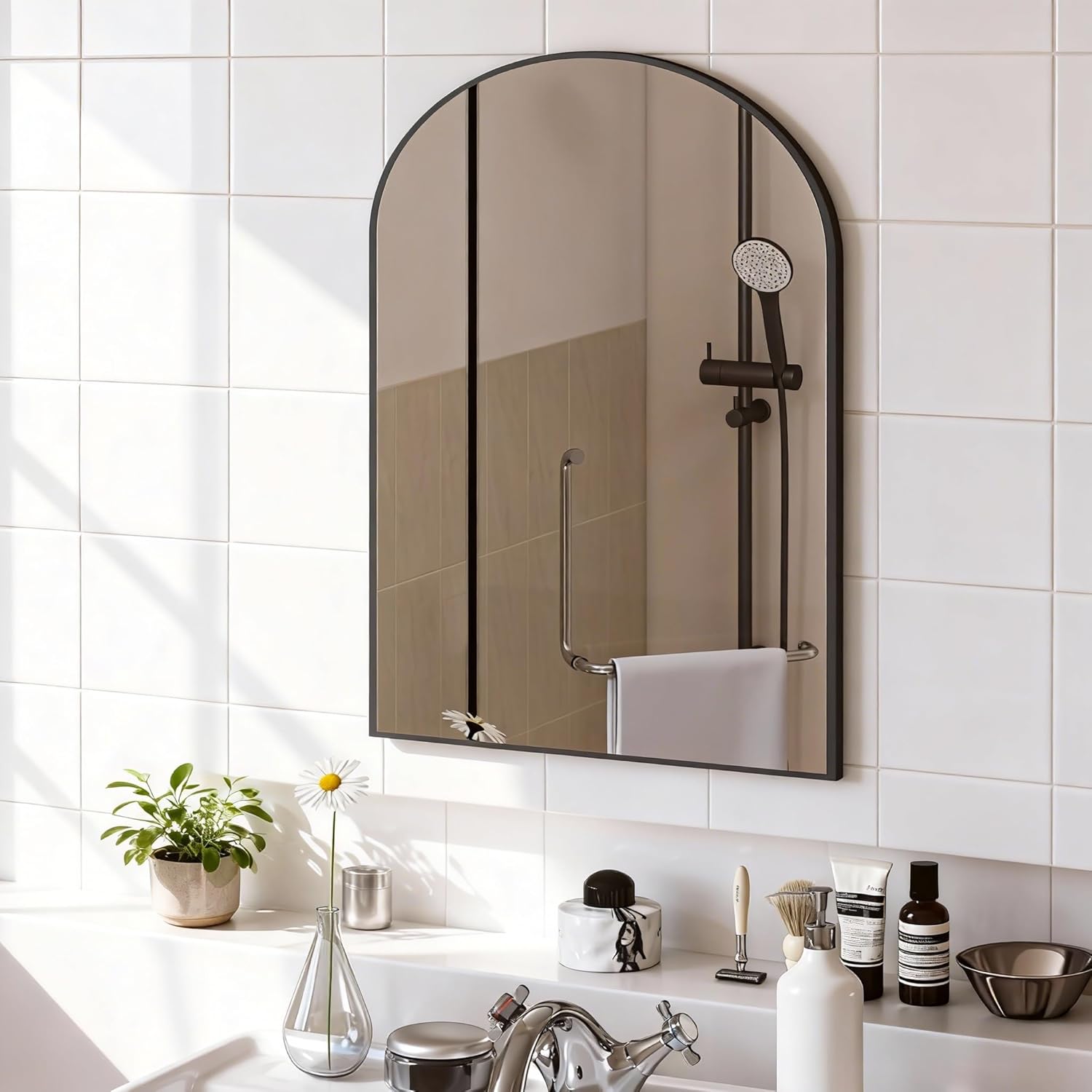 Round Luxe Beige Wall Mirror — 30" — Black-arched