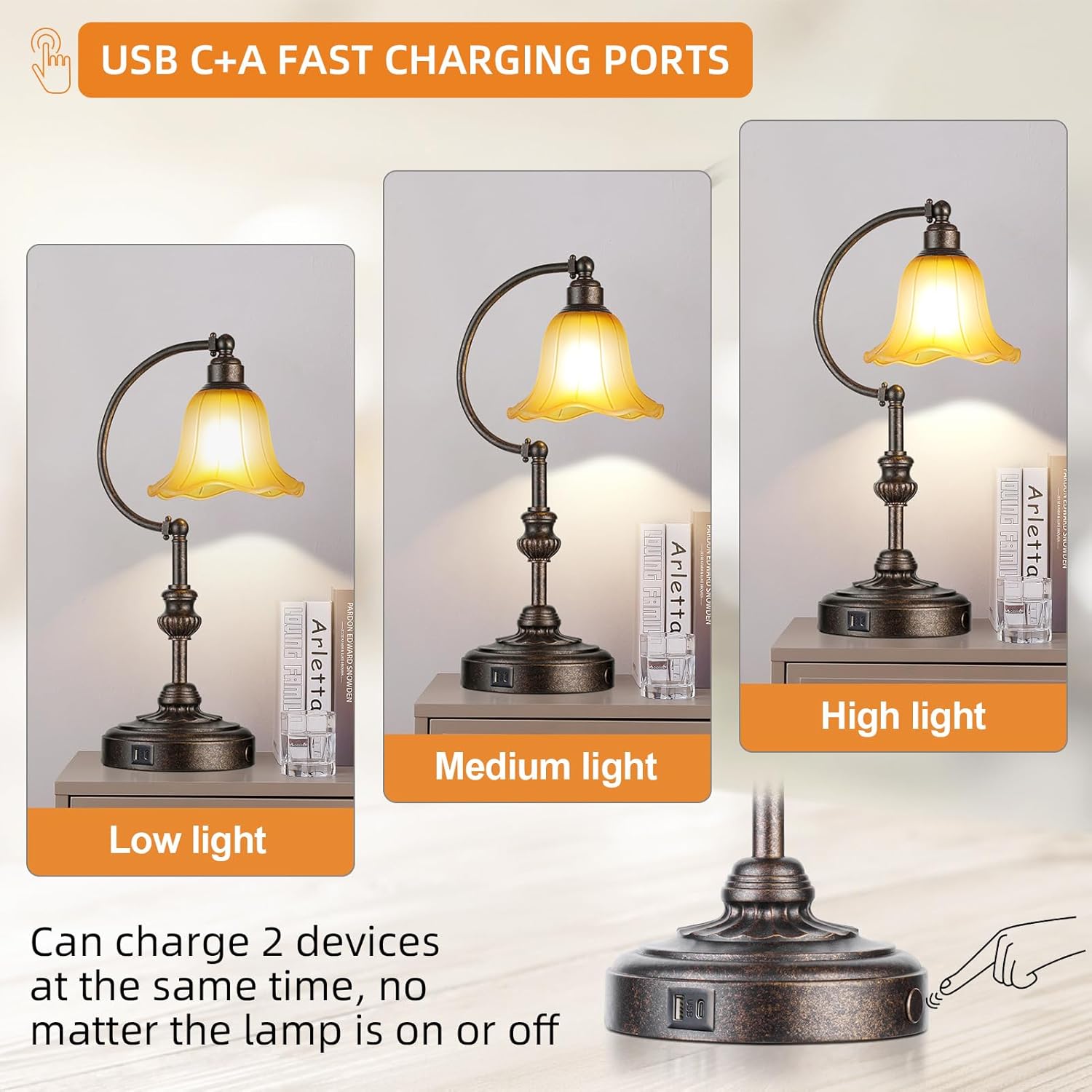 Dimmable Farmhouse Metal Nightstand Lamp - View 3