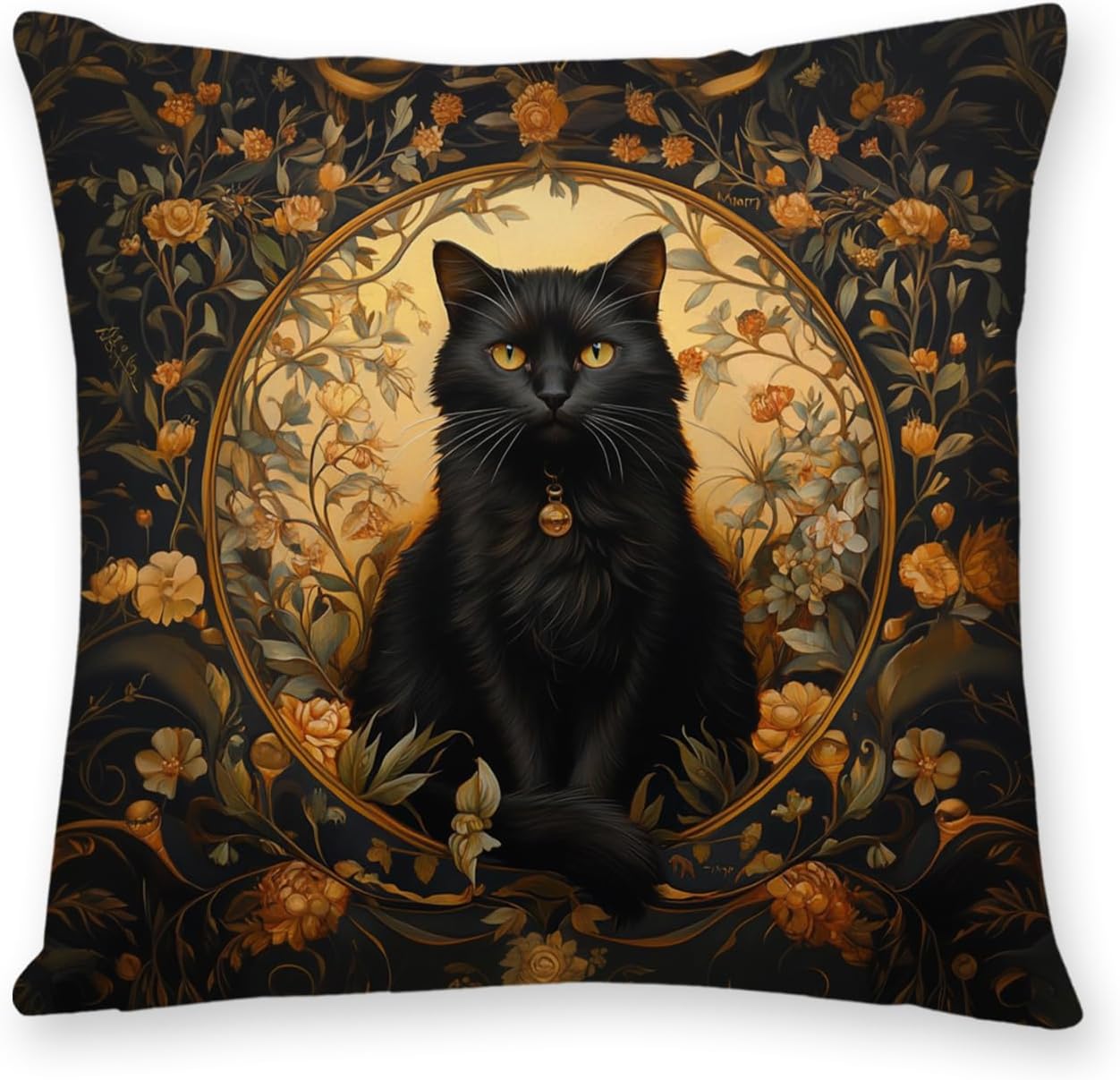 Vintage Boho Black Throw Pillow Cover — 18" — Black Cat