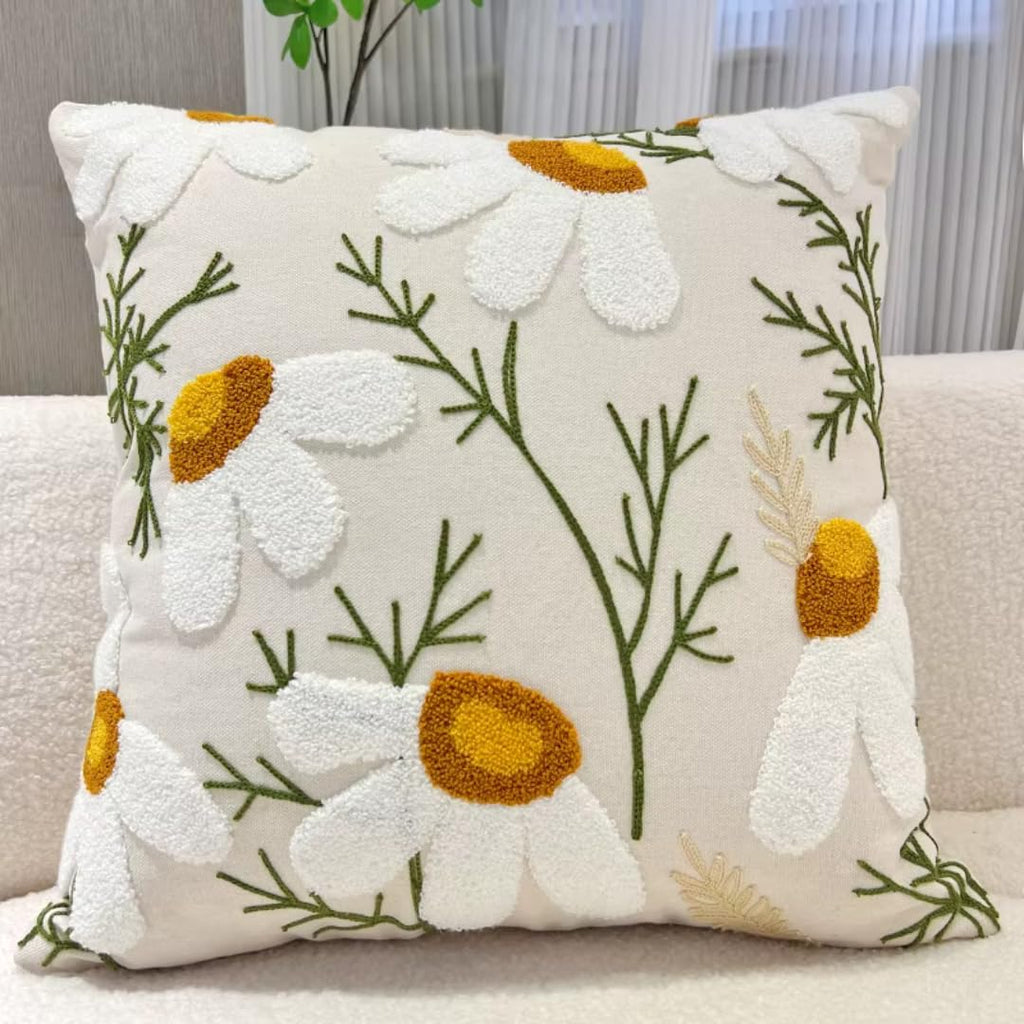 Embroidered Boho Beige Throw Pillow Cover — 18"