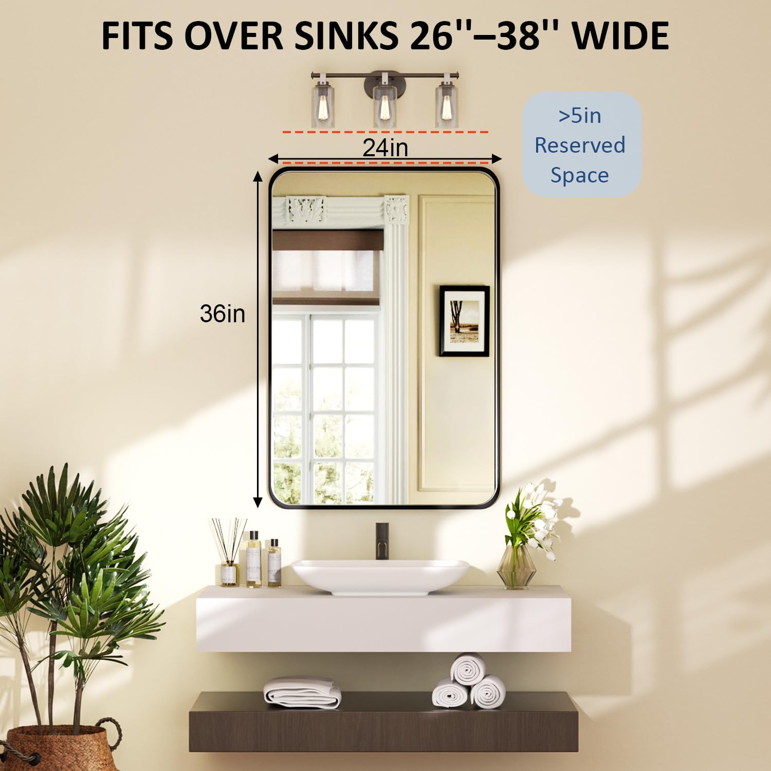 Rectangular Black Wall Mirror — 36" - View 2
