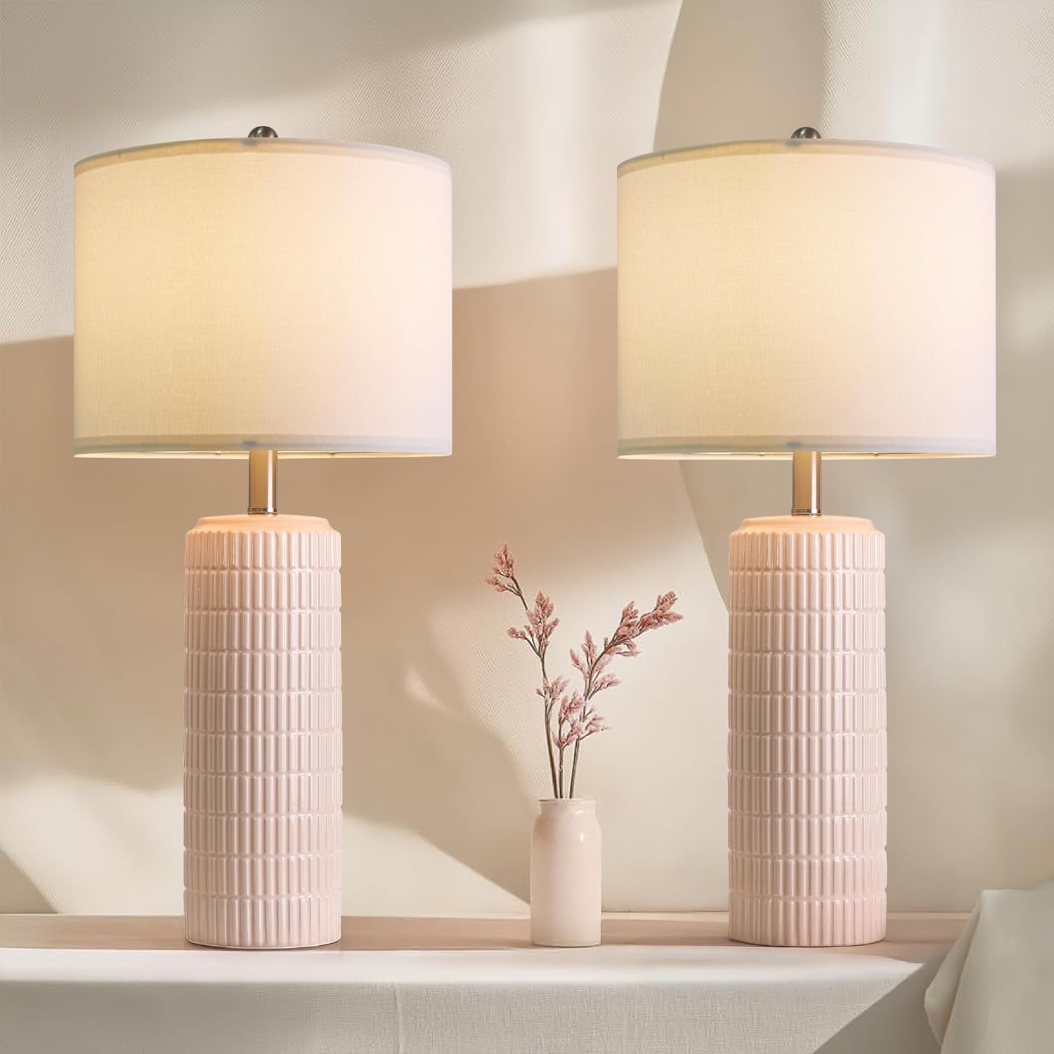 Dimmable Modern Beige Bedside Lamp — 23" — Light Pink - 27.5'' Ceramic Lamps