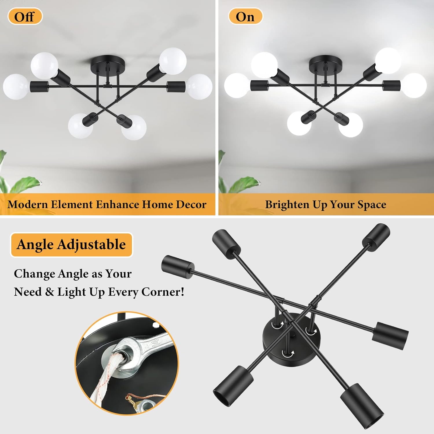 Modern Black Chandelier — 6-Light - View 8