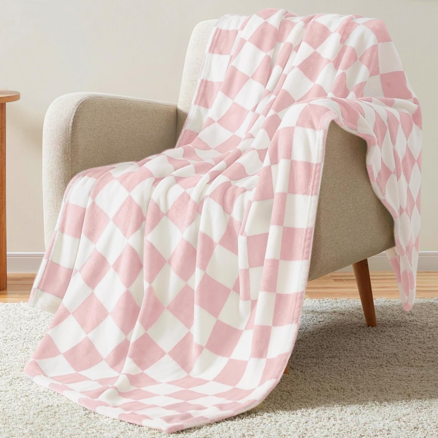 Beige Throw Pillow — 60" — Checkered Pink