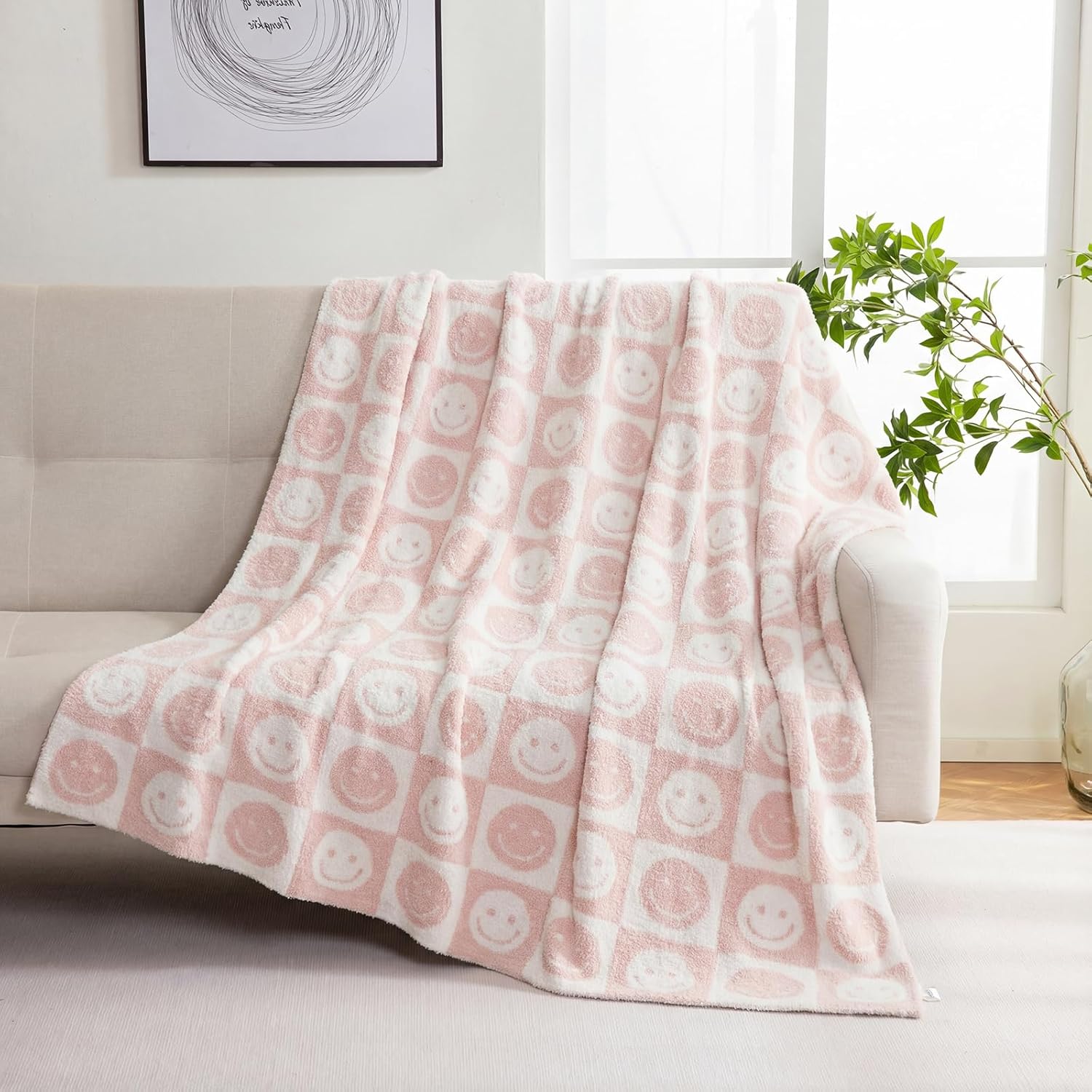 Knit Black Throw Pillow — 80" — Pink Smiley