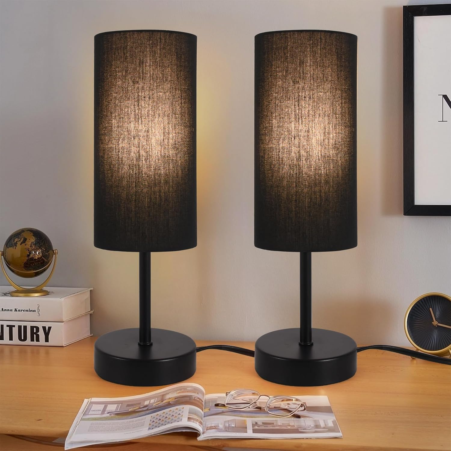 Linen Modern Beige Desk Lamp — 2 Pack Black-Black