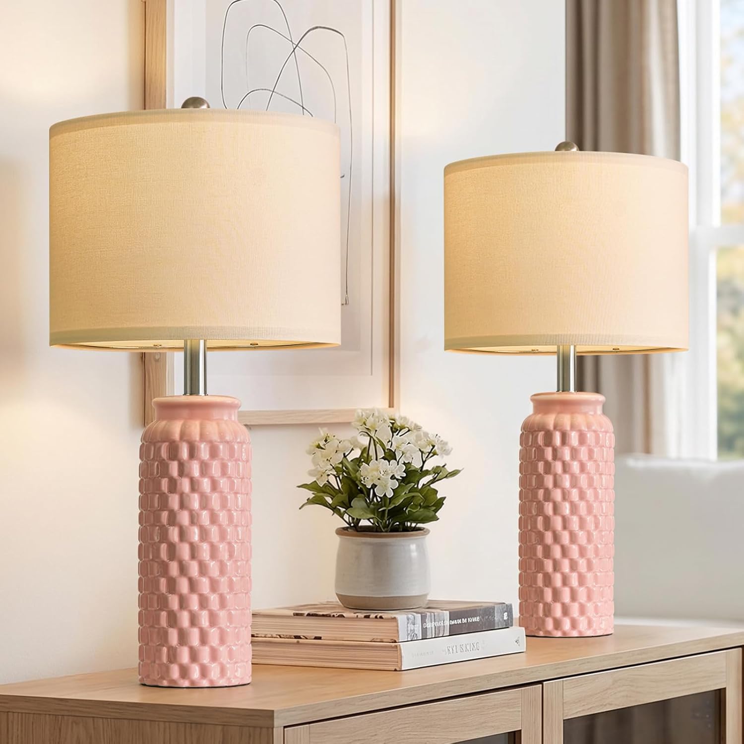 Farmhouse Beige Bedside Lamp — 20.5" — 24"PINK-2 Pack